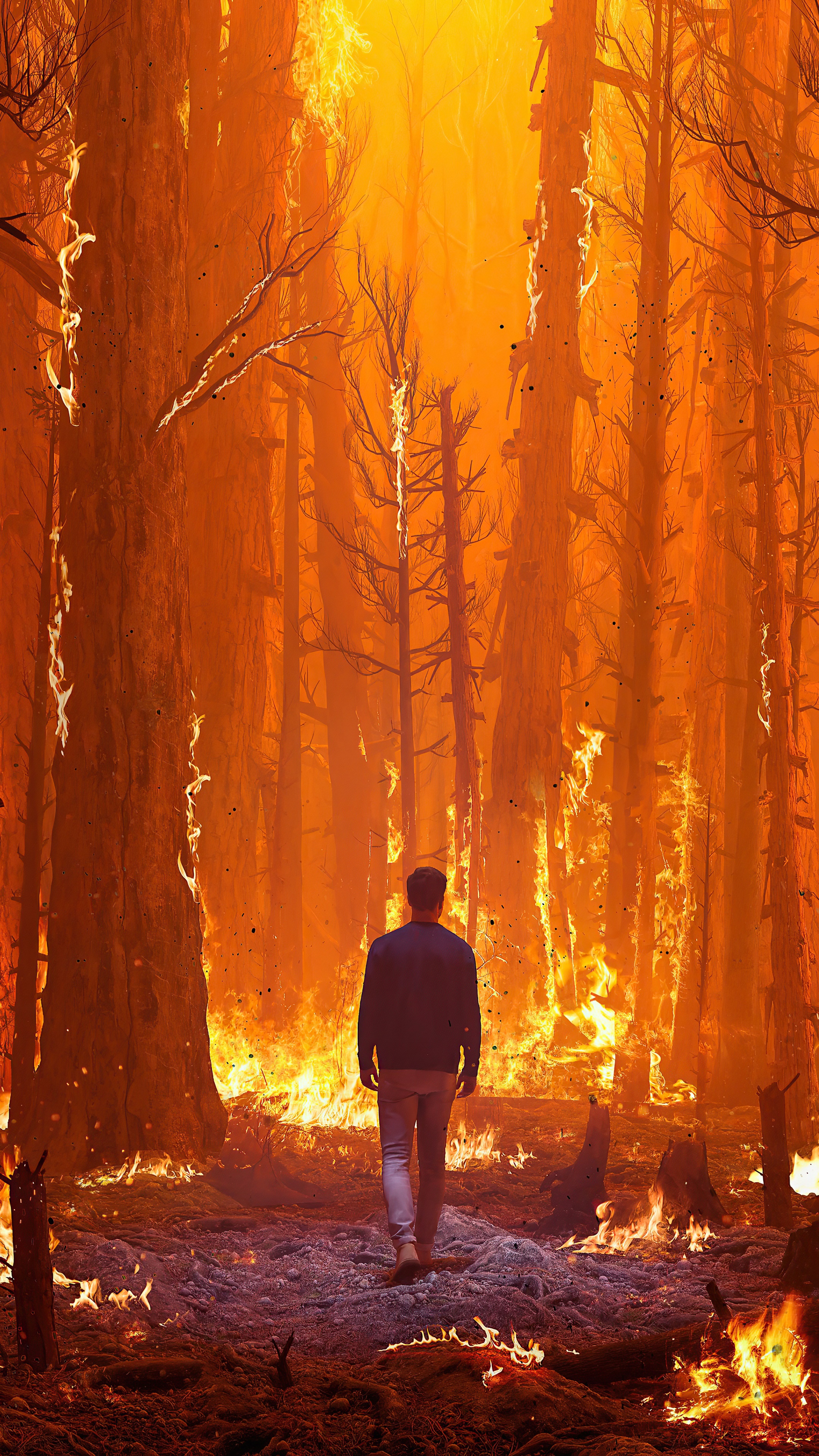 Man walking through a burning forest 4K HD Phone Wallpaper