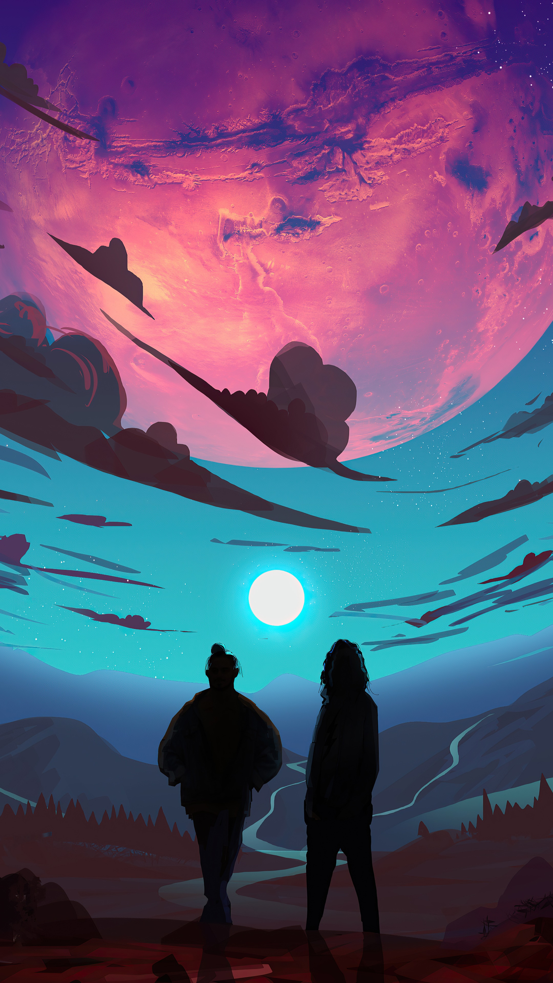 Two people watching a surreal sky with a large moon HD Phone Wallpaper
