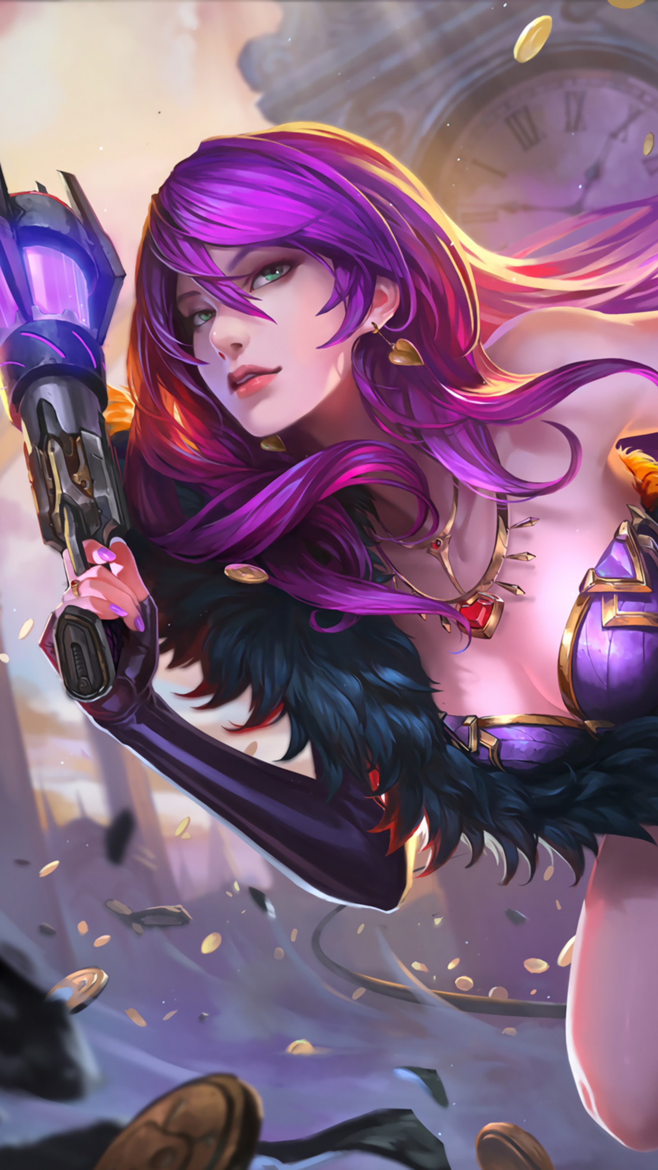 Woman with purple hair holding a gun HD Phone Wallpaper