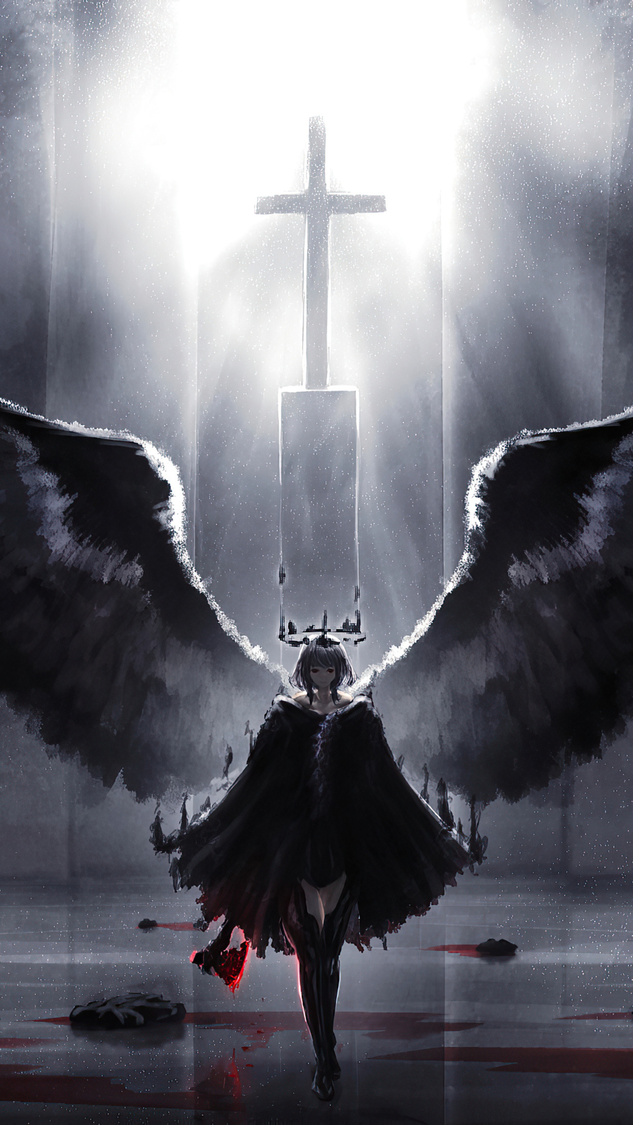 Angel with Black Wings and a Cross HD Phone Wallpaper