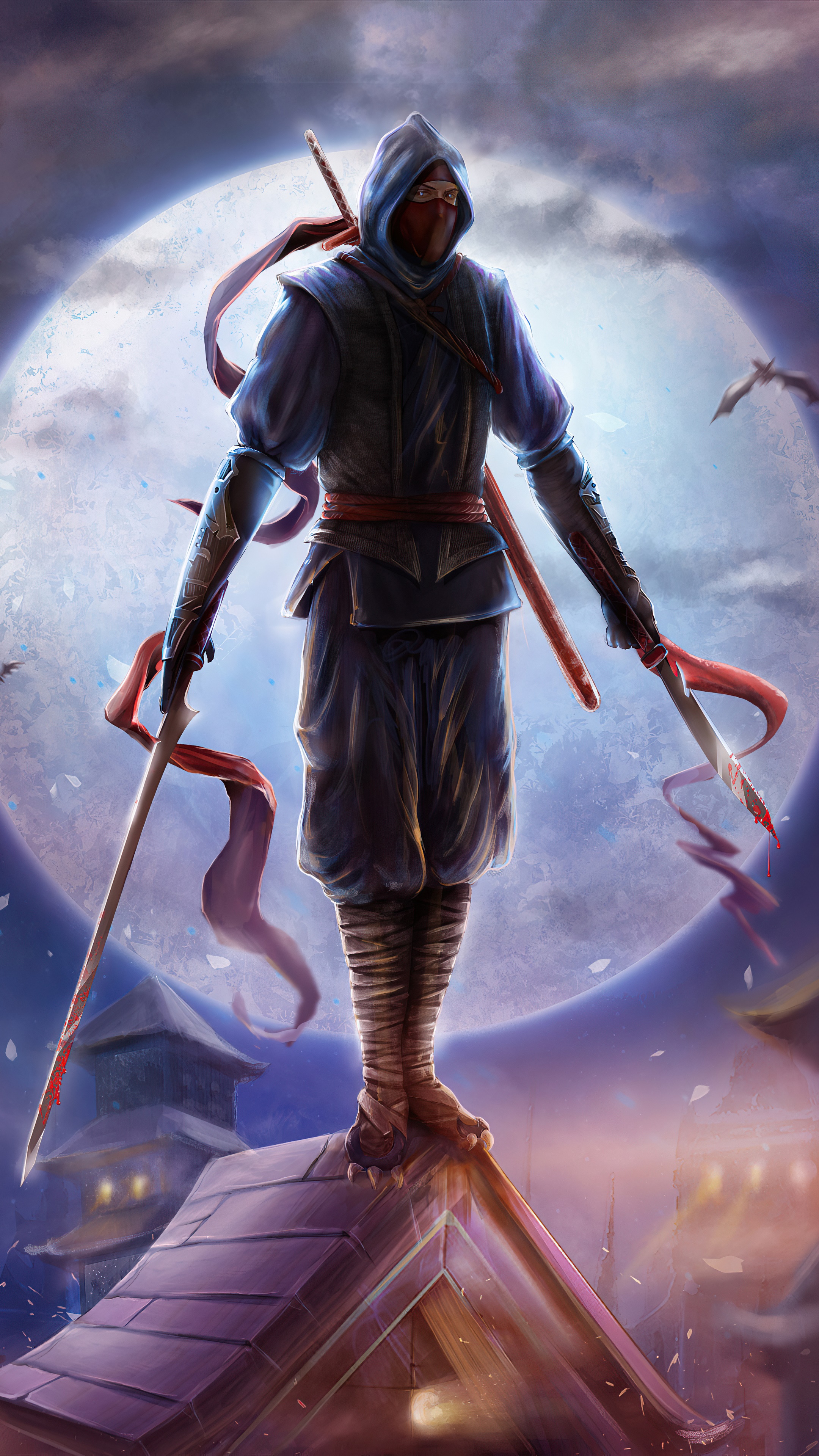 Ninja standing on a rooftop under a full moon HD Phone Wallpaper