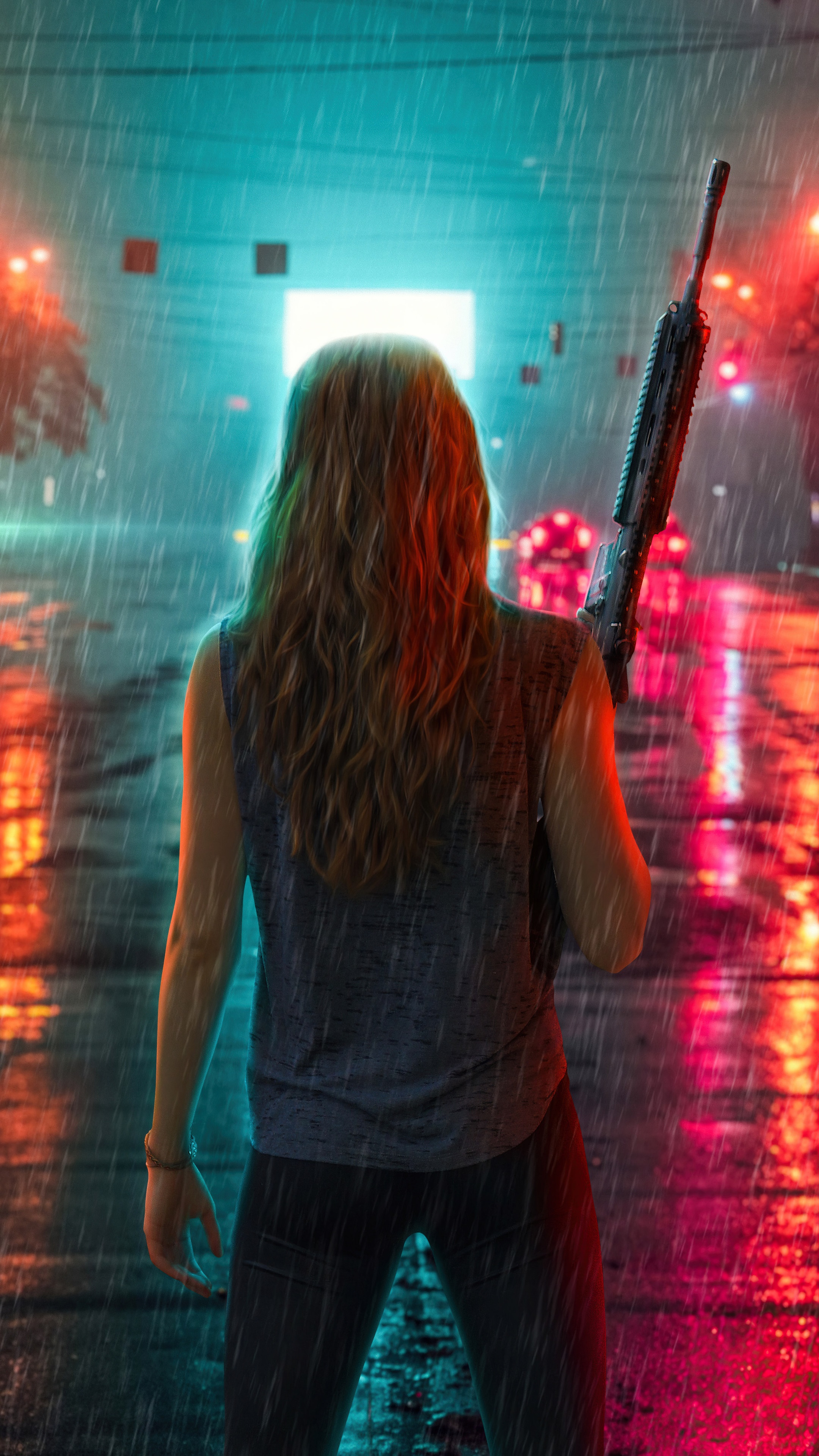 Woman holding a rifle in the rain at night HD Phone Wallpaper