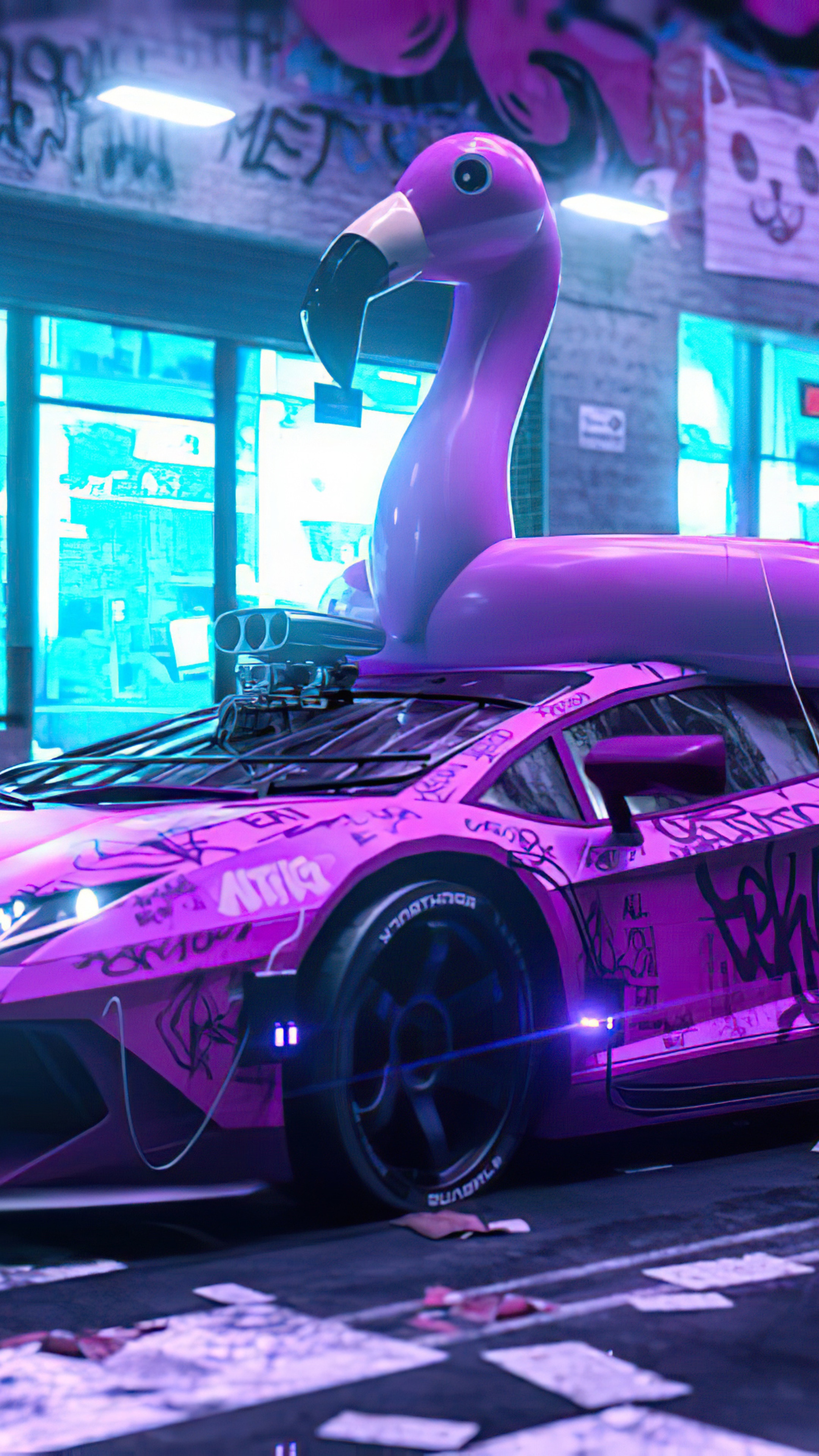 Purple Lamborghini with Inflatable Flamingo and Graffiti HD Phone Wallpaper