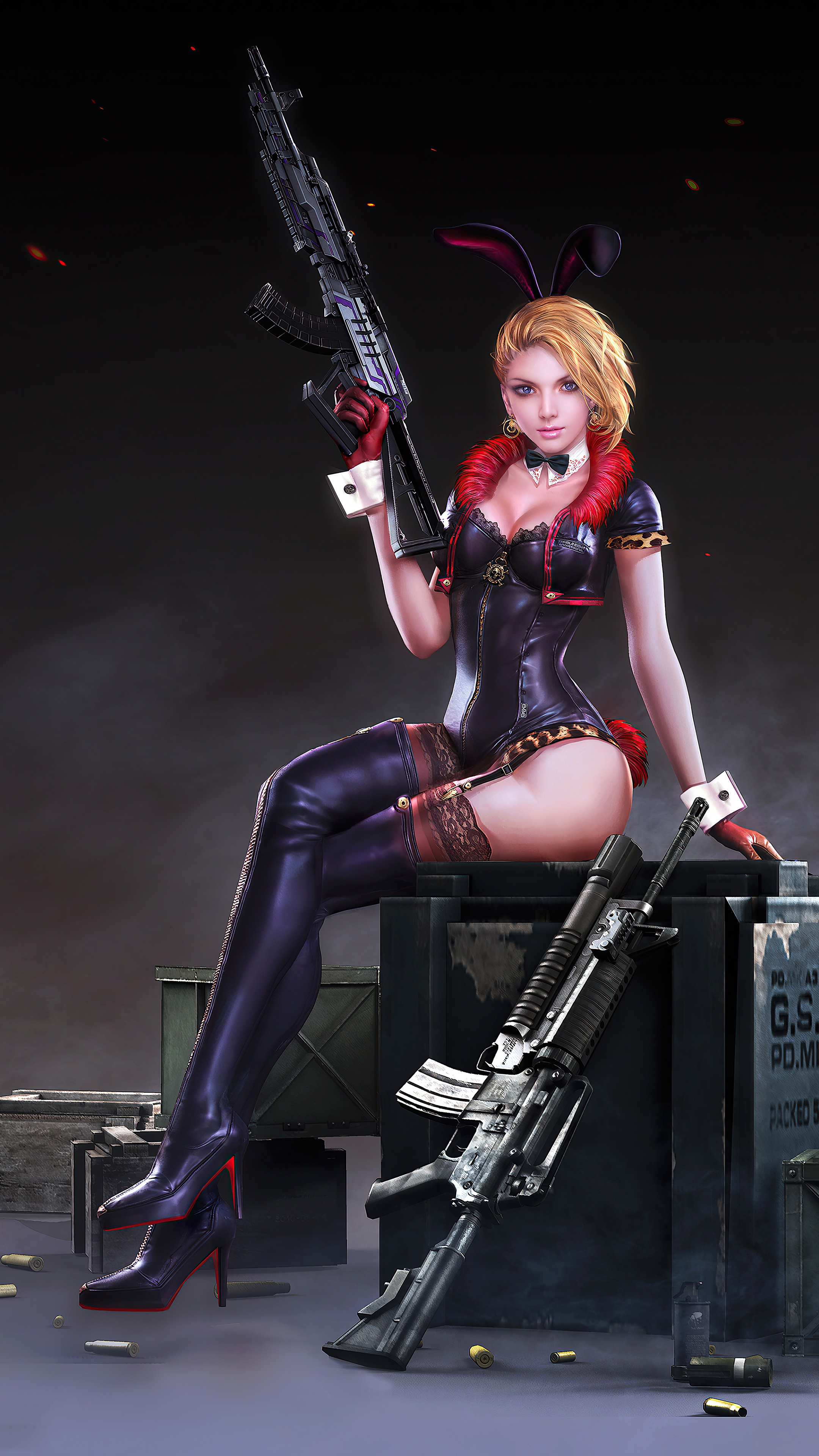 Woman in bunny outfit with guns HD Phone Wallpaper