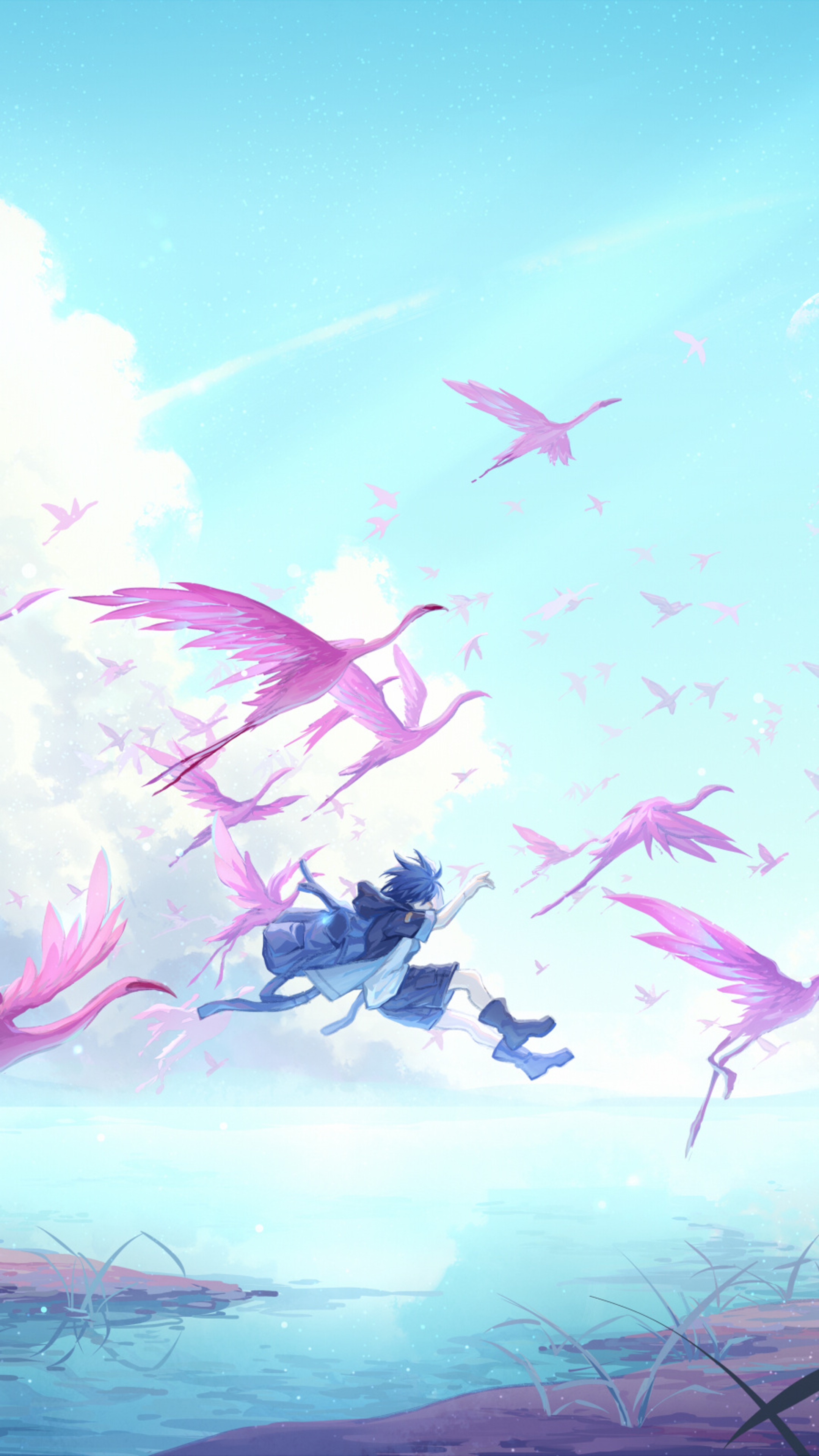 Anime boy running with pink flamingos in the sky HD Phone Wallpaper