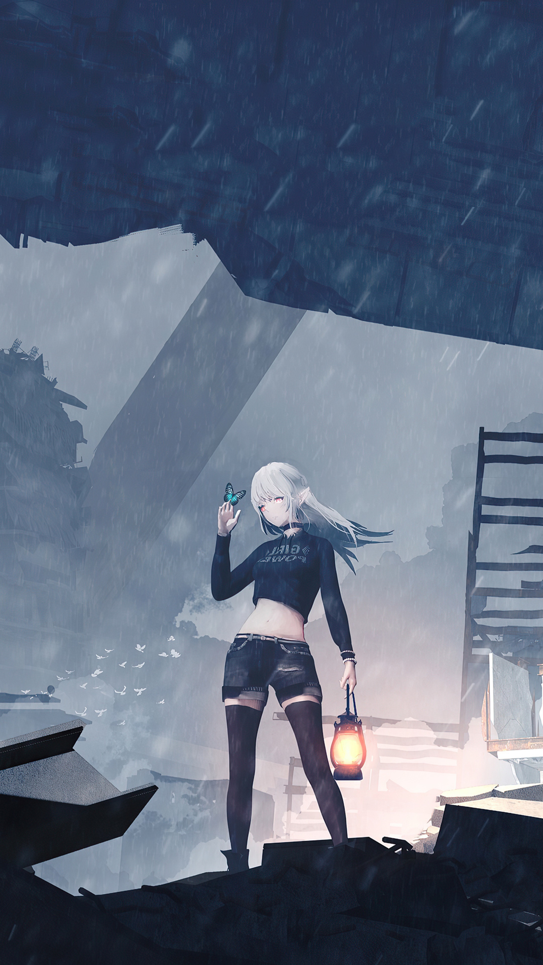 Anime girl with butterfly and lantern in ruins HD Phone Wallpaper