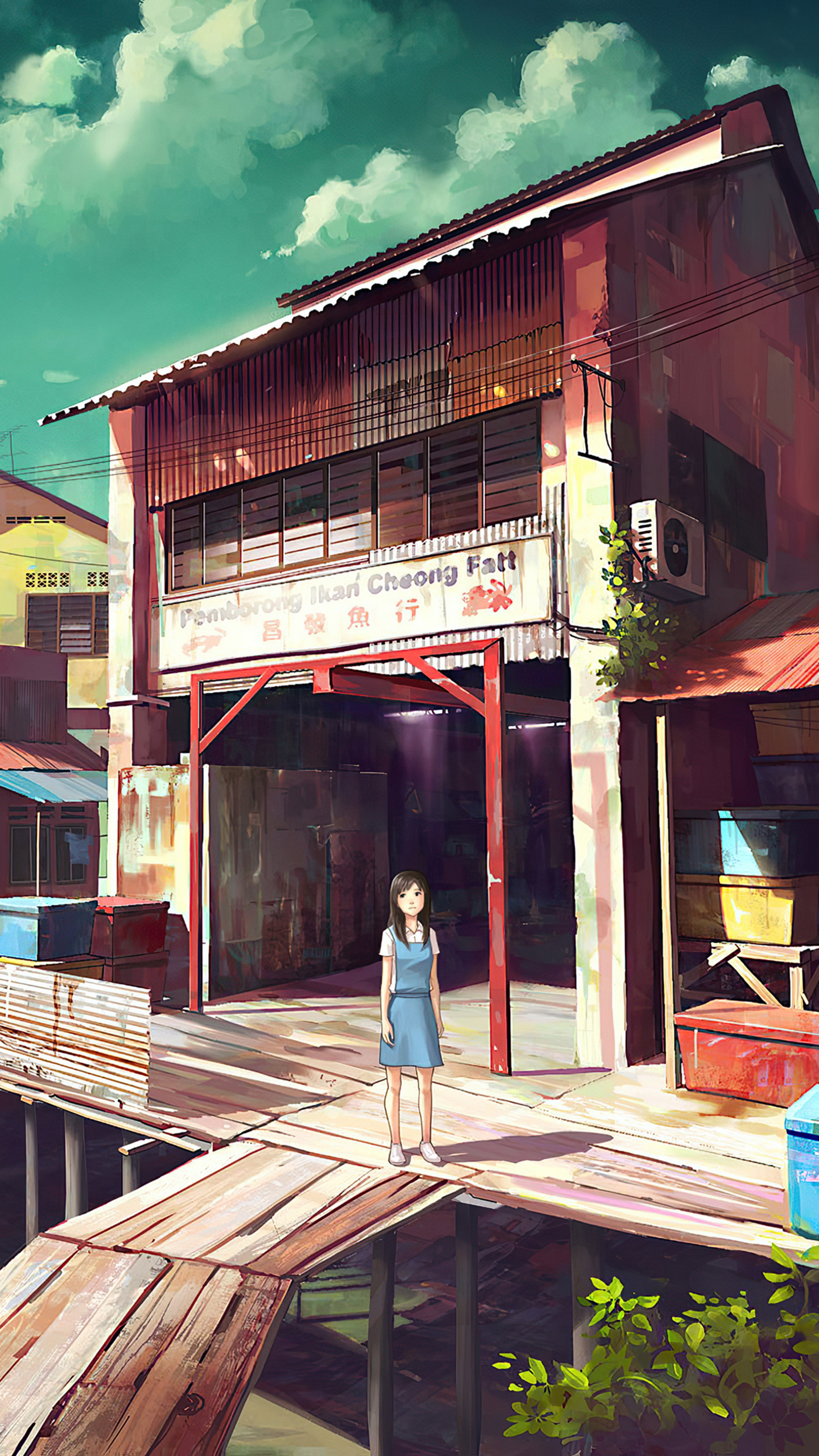 Anime girl in front of a shop HD Phone Wallpaper