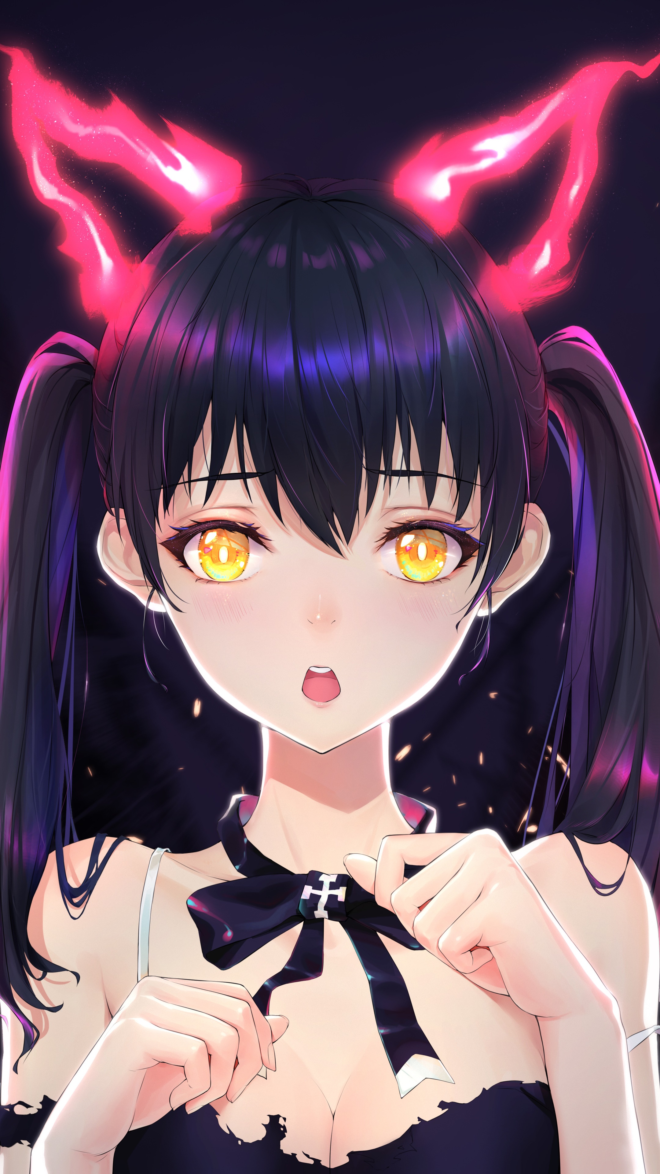 Anime girl with fiery cat ears and pigtails HD Phone Wallpaper