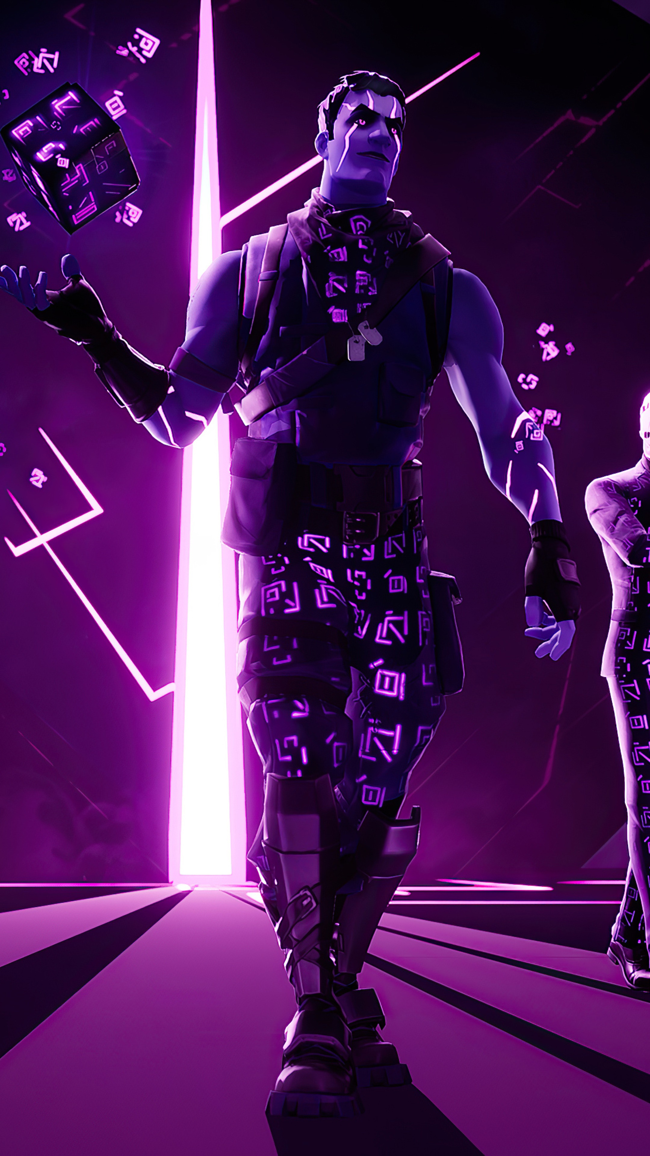 Fortnite character with purple glowing symbols HD Phone Wallpaper