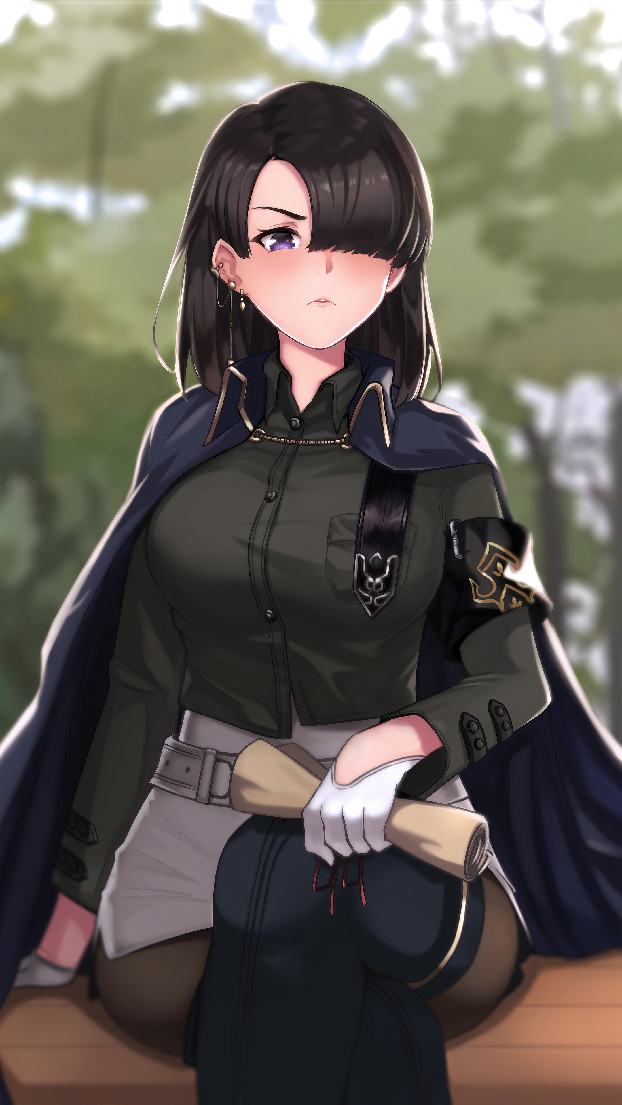 Anime girl in military uniform with a scroll HD Phone Wallpaper