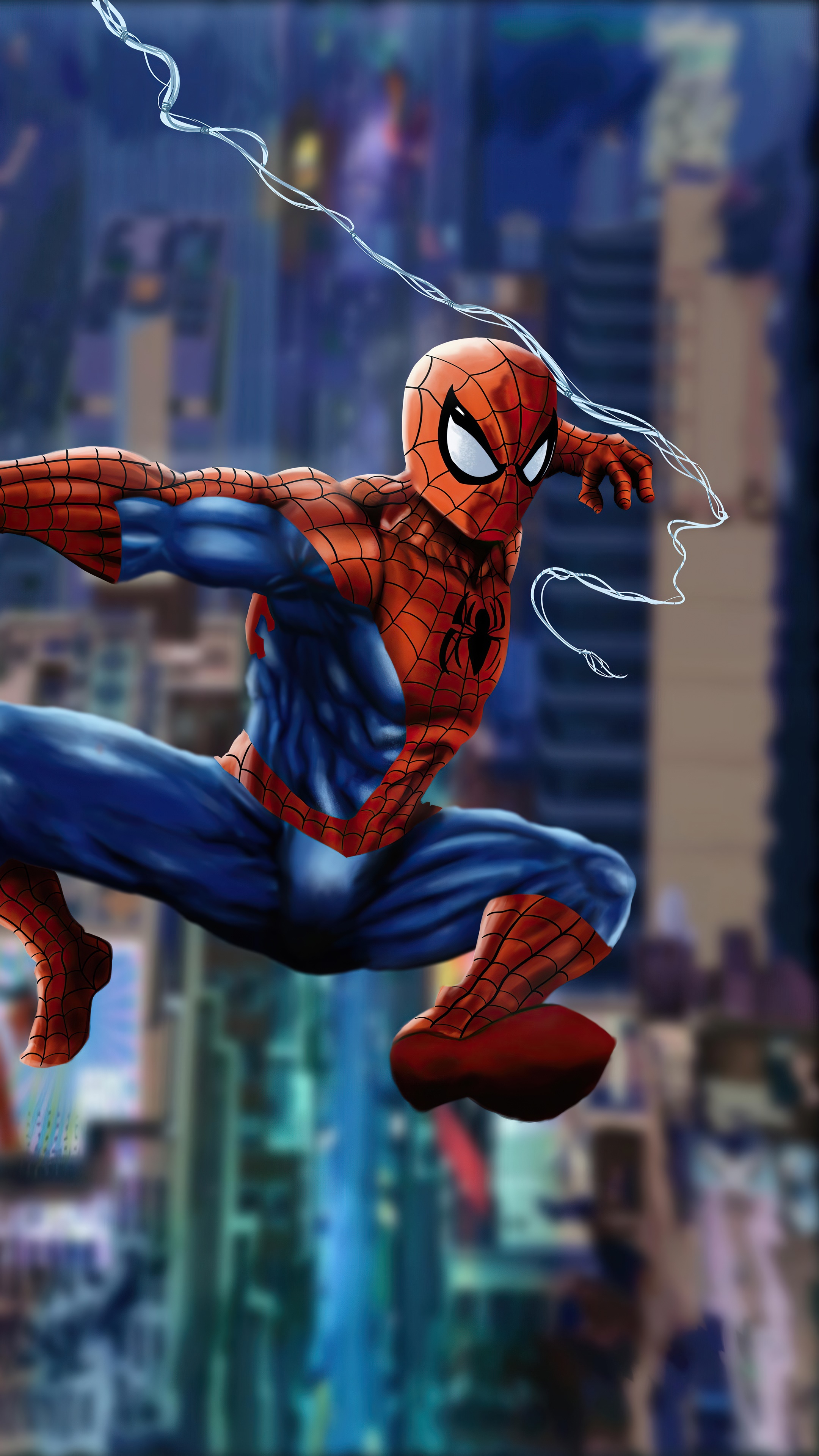 Spiderman swinging through a city at night HD Phone Wallpaper
