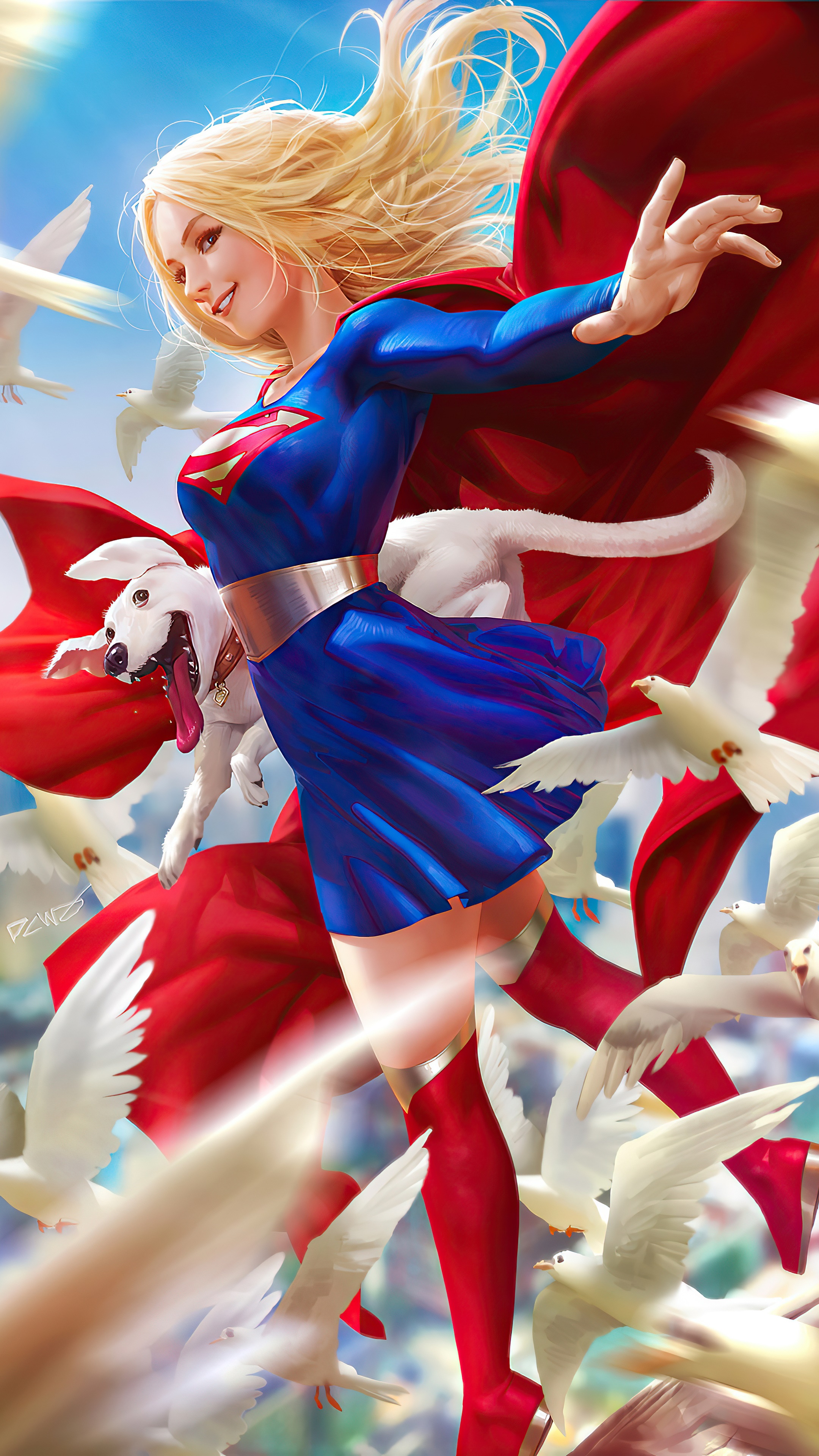 Supergirl with a dog and doves HD Phone Wallpaper