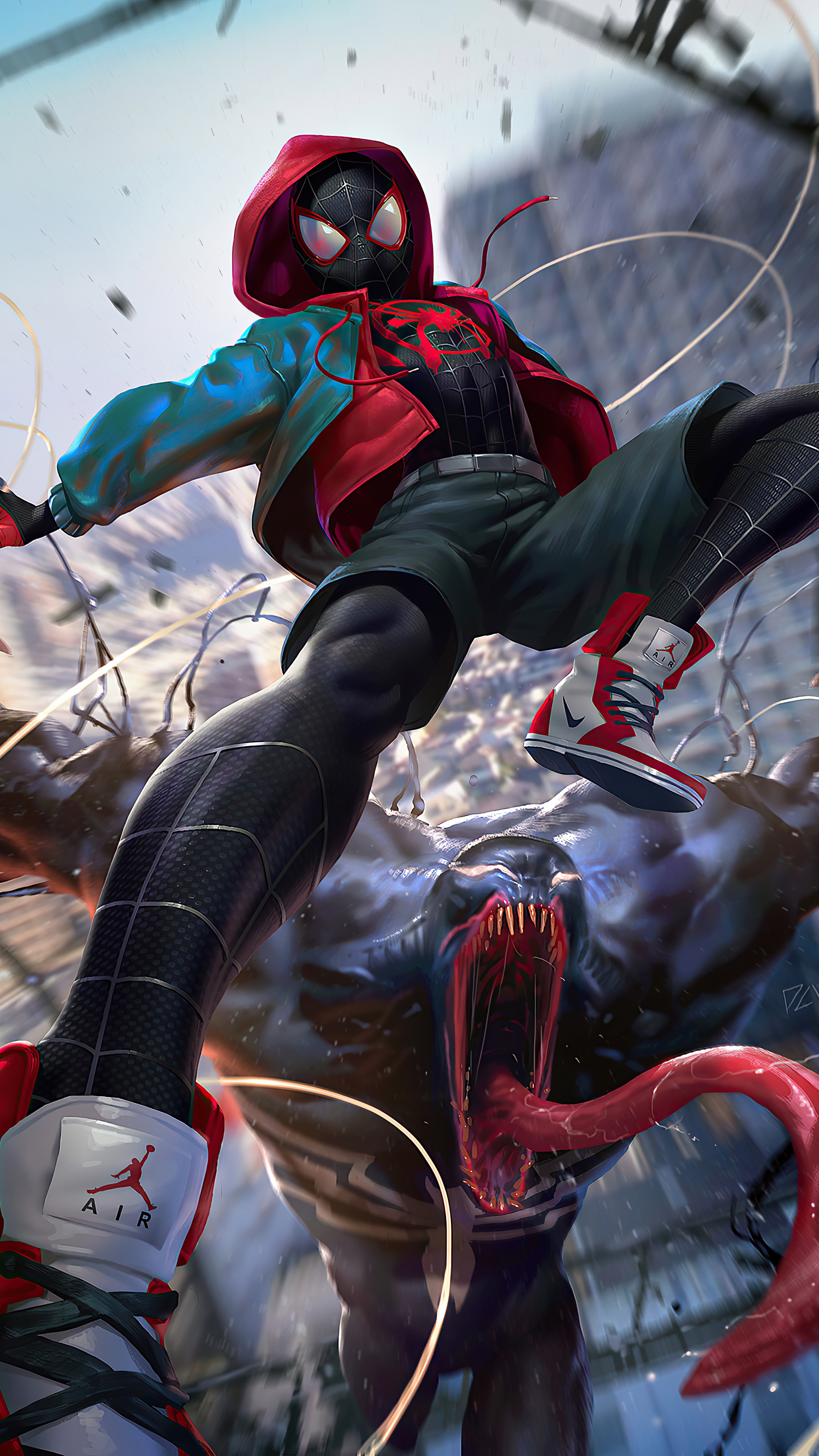 Miles Morales and Venom in a digital art illustration HD Phone Wallpaper