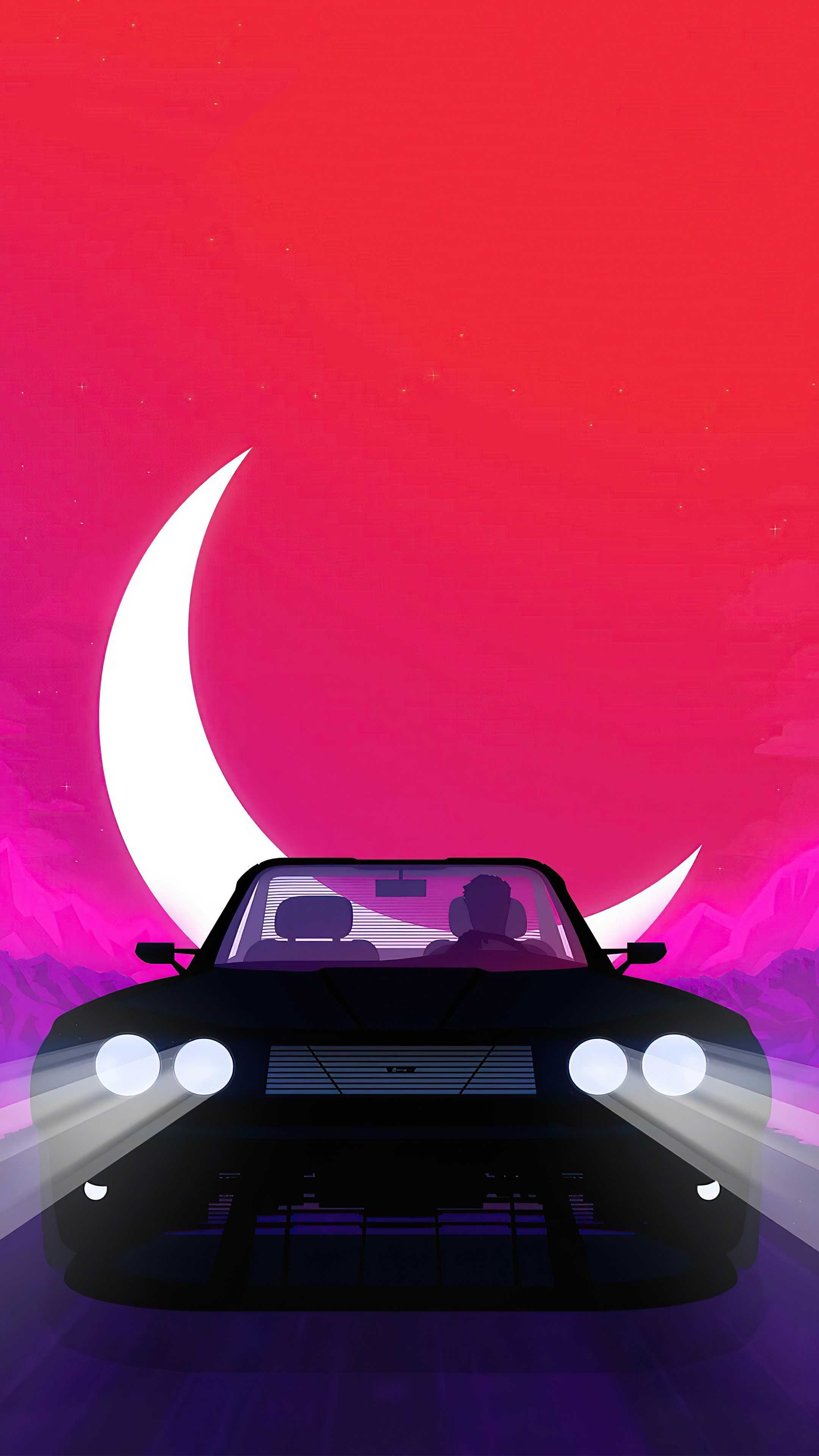 Minimalist car driving under a large crescent moon HD Phone Wallpaper