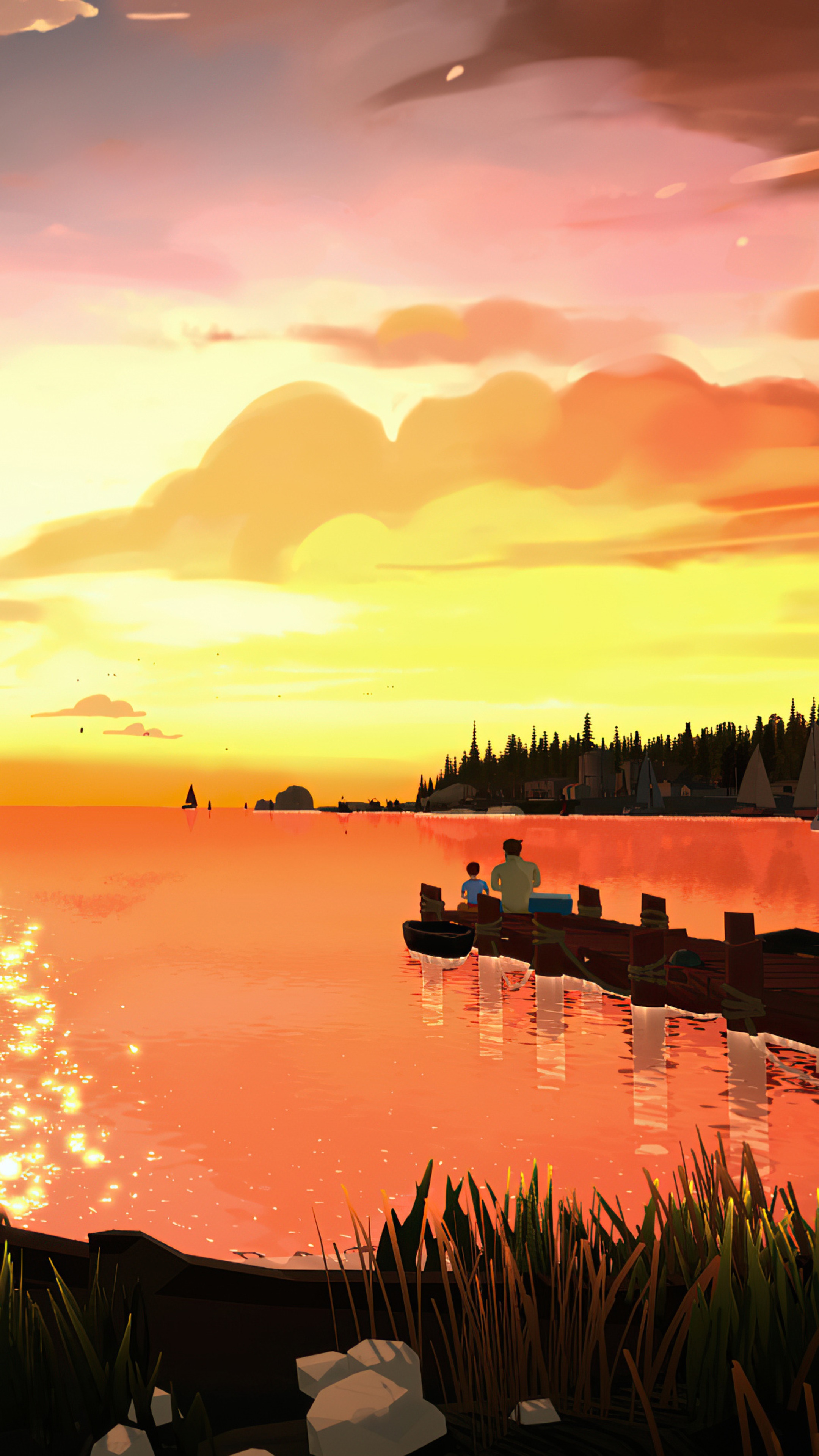 Digital Art of a Sunset Over Water with Two Figures HD Phone Wallpaper