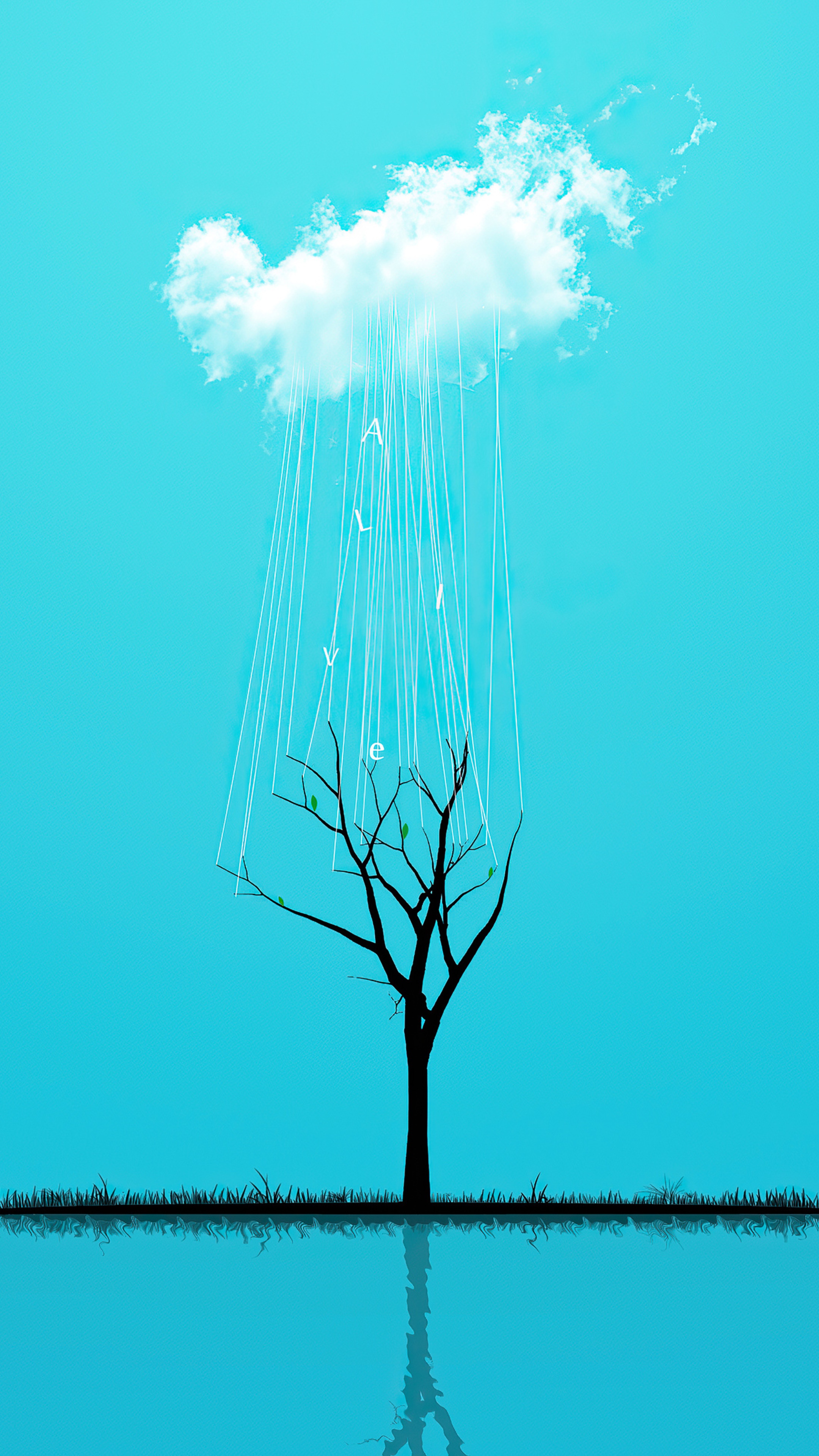 Minimalist artwork of a tree with letters falling from a cloud HD Phone Wallpaper
