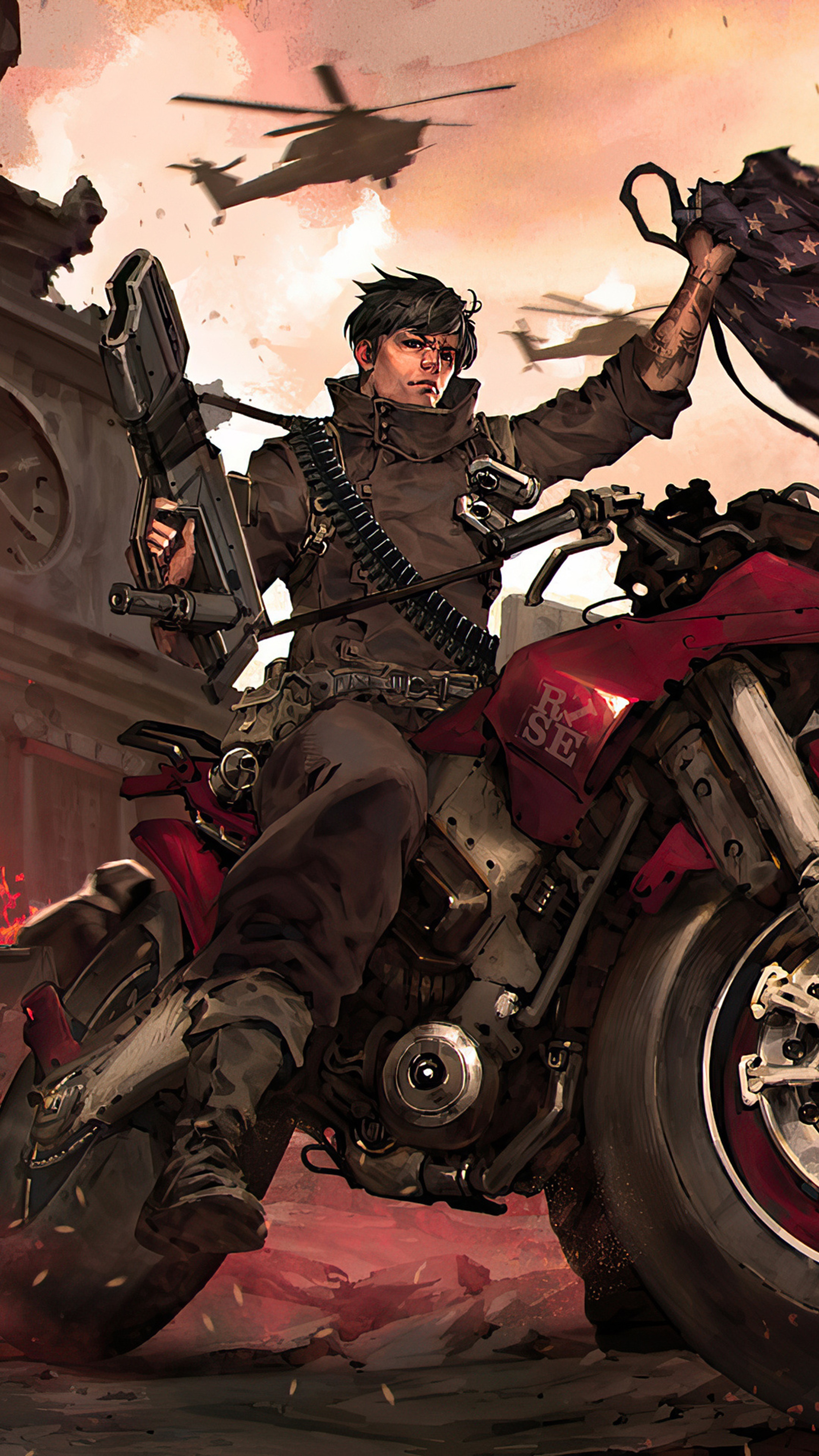 Man with gun and flag on motorcycle in Homefront: The Revolution 4K HD Phone Wallpaper