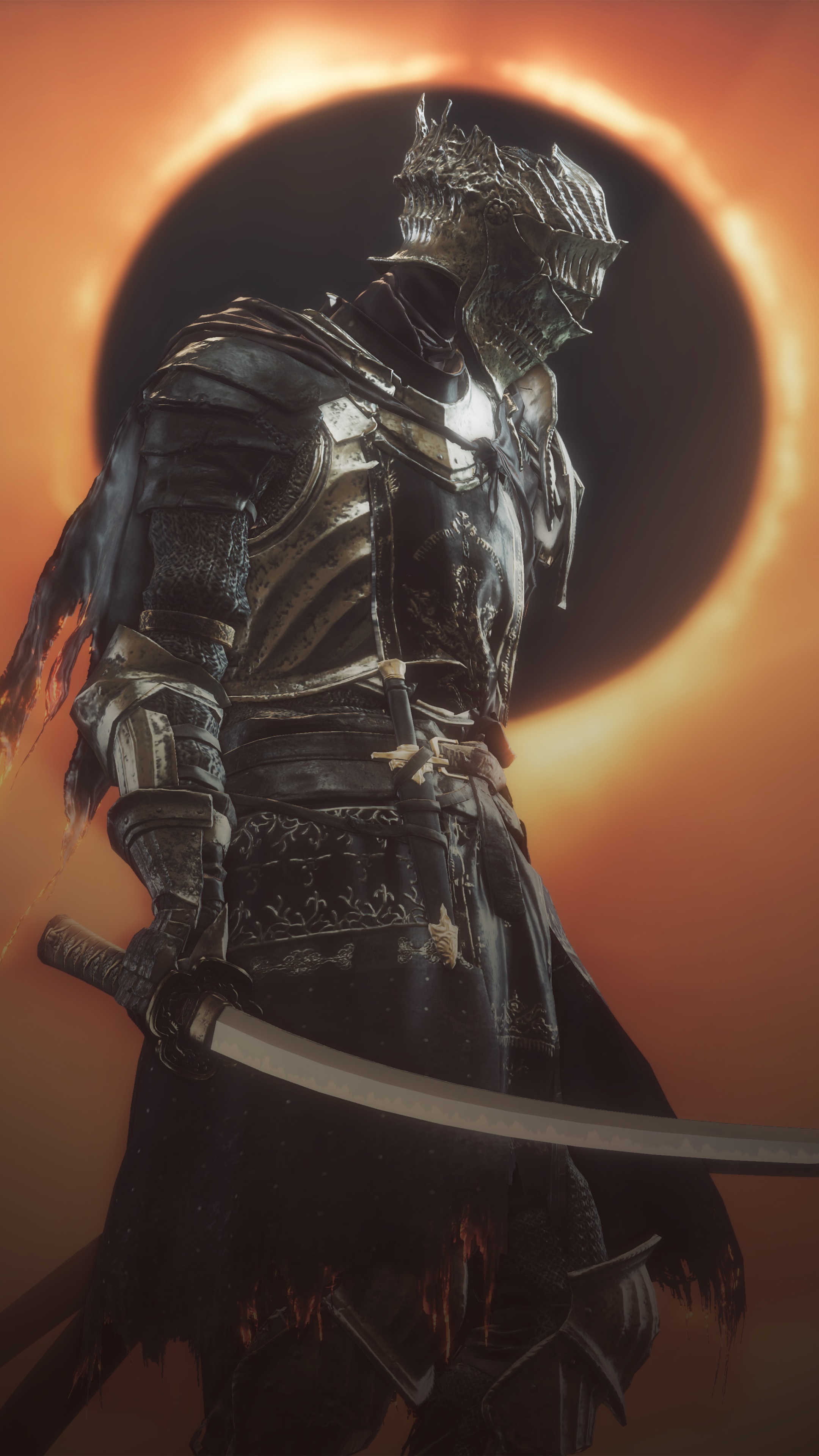 Knight with sword in front of eclipse in Dark Souls 3 HD Phone Wallpaper