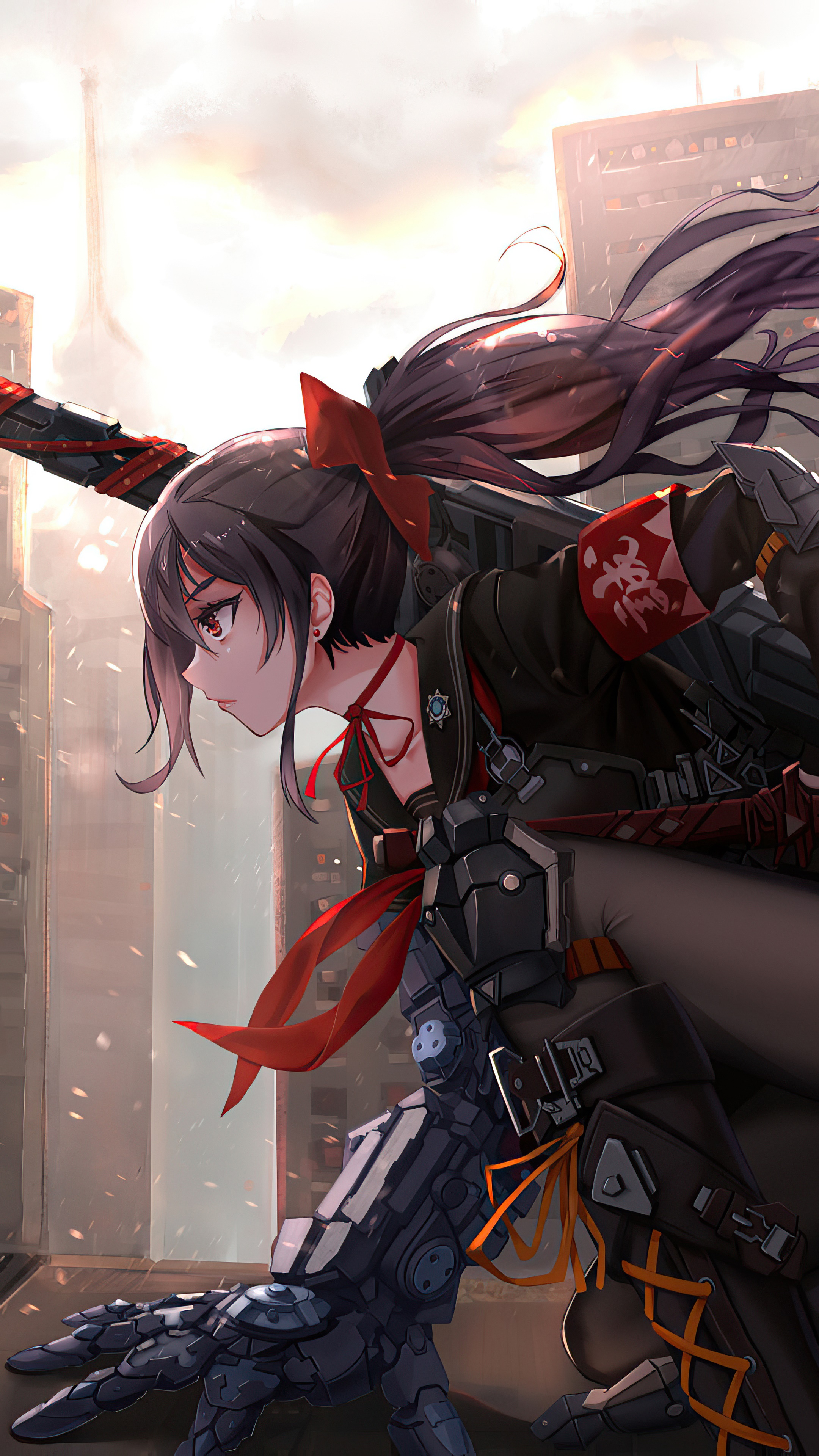 Anime girl with mechanical arm and weapon HD Phone Wallpaper