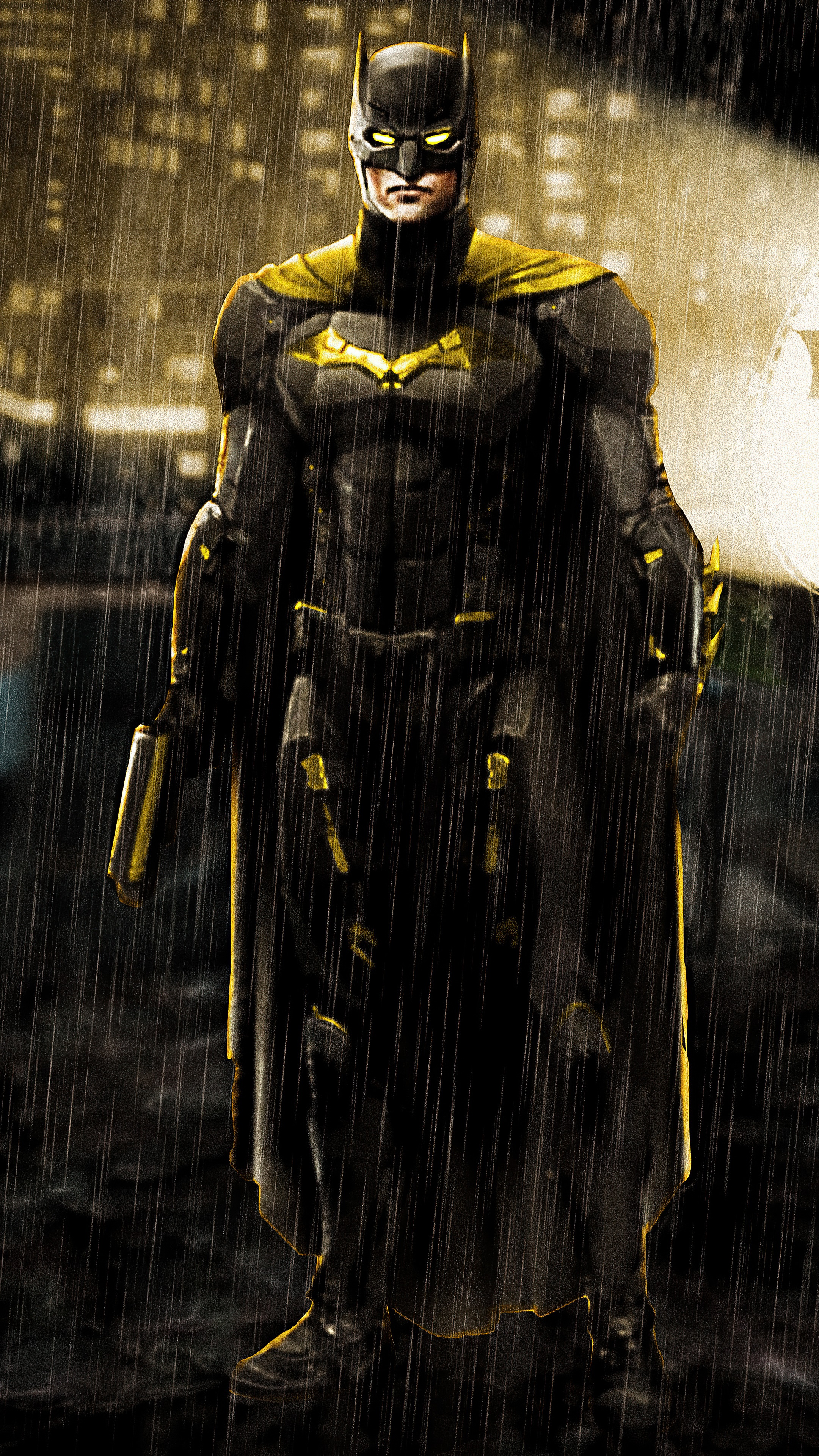 Batman in a yellow and black suit in the rain HD Phone Wallpaper