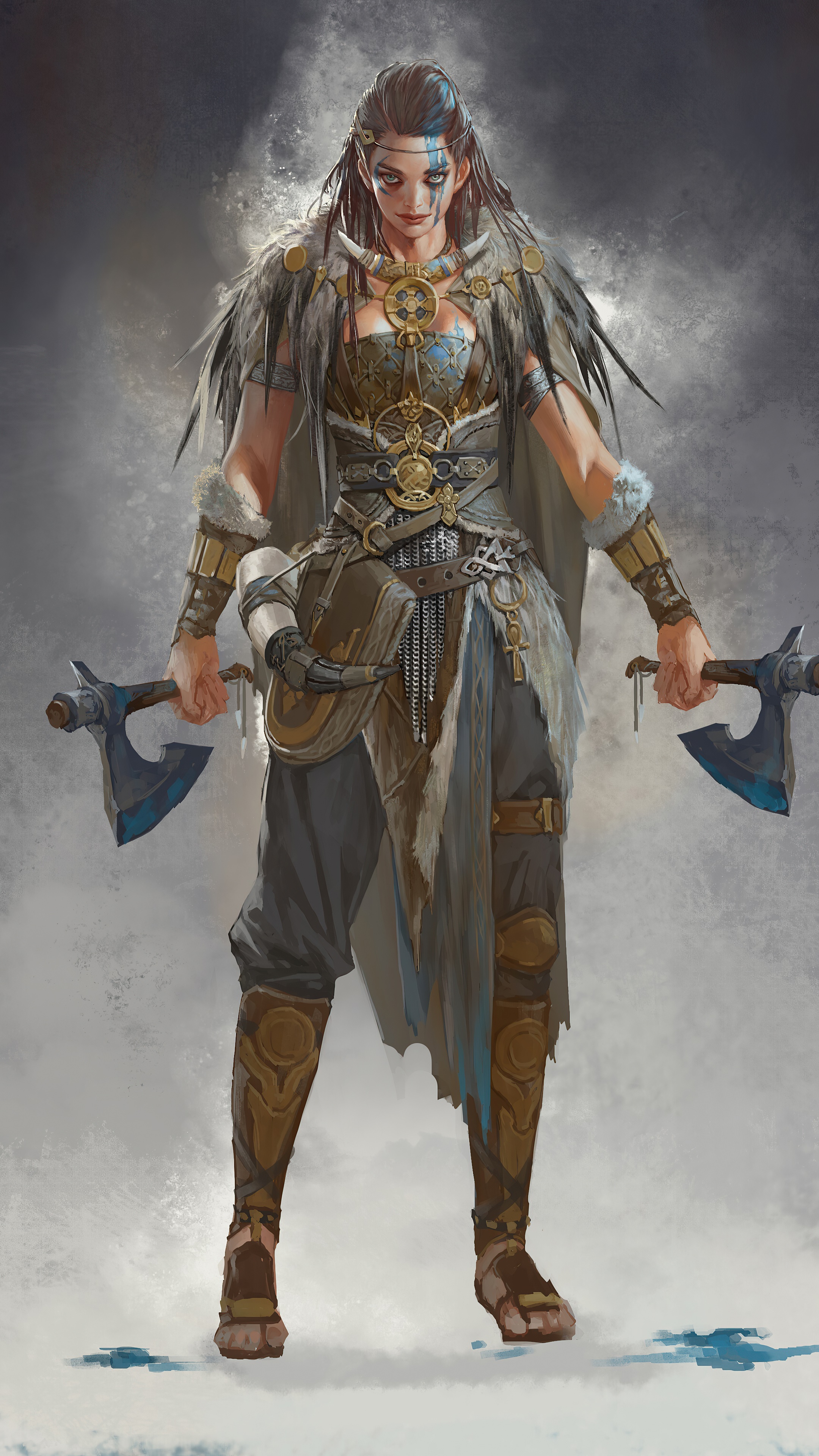 Viking warrior woman with axes artwork HD Phone Wallpaper