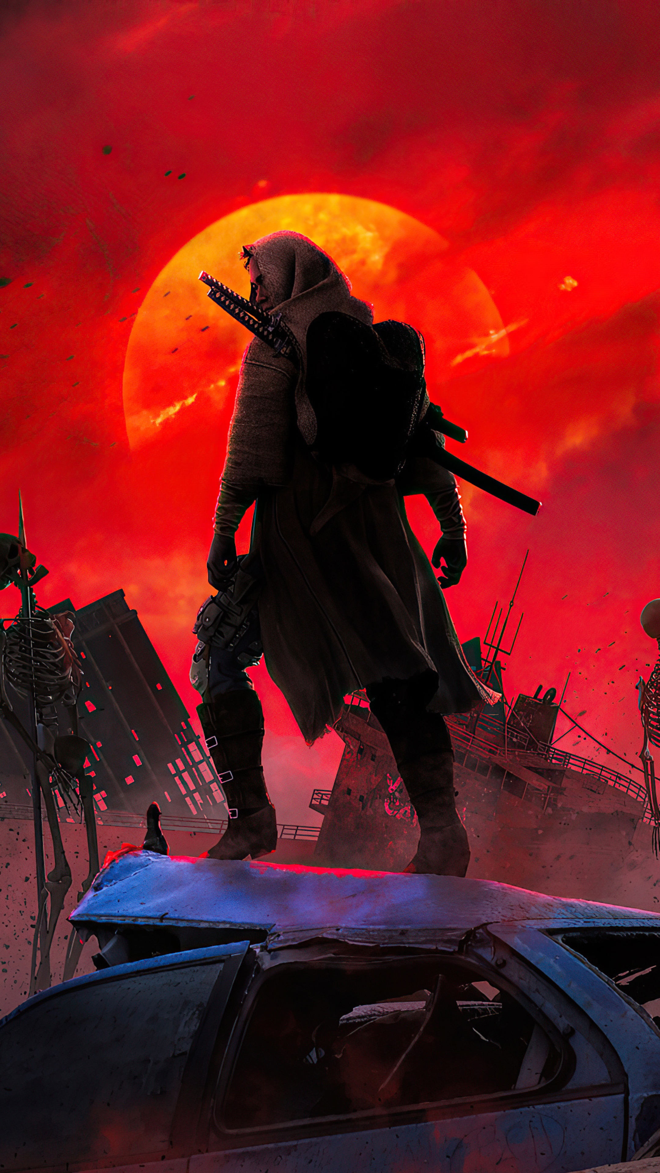 Post-apocalyptic warrior with swords and backpack HD Phone Wallpaper