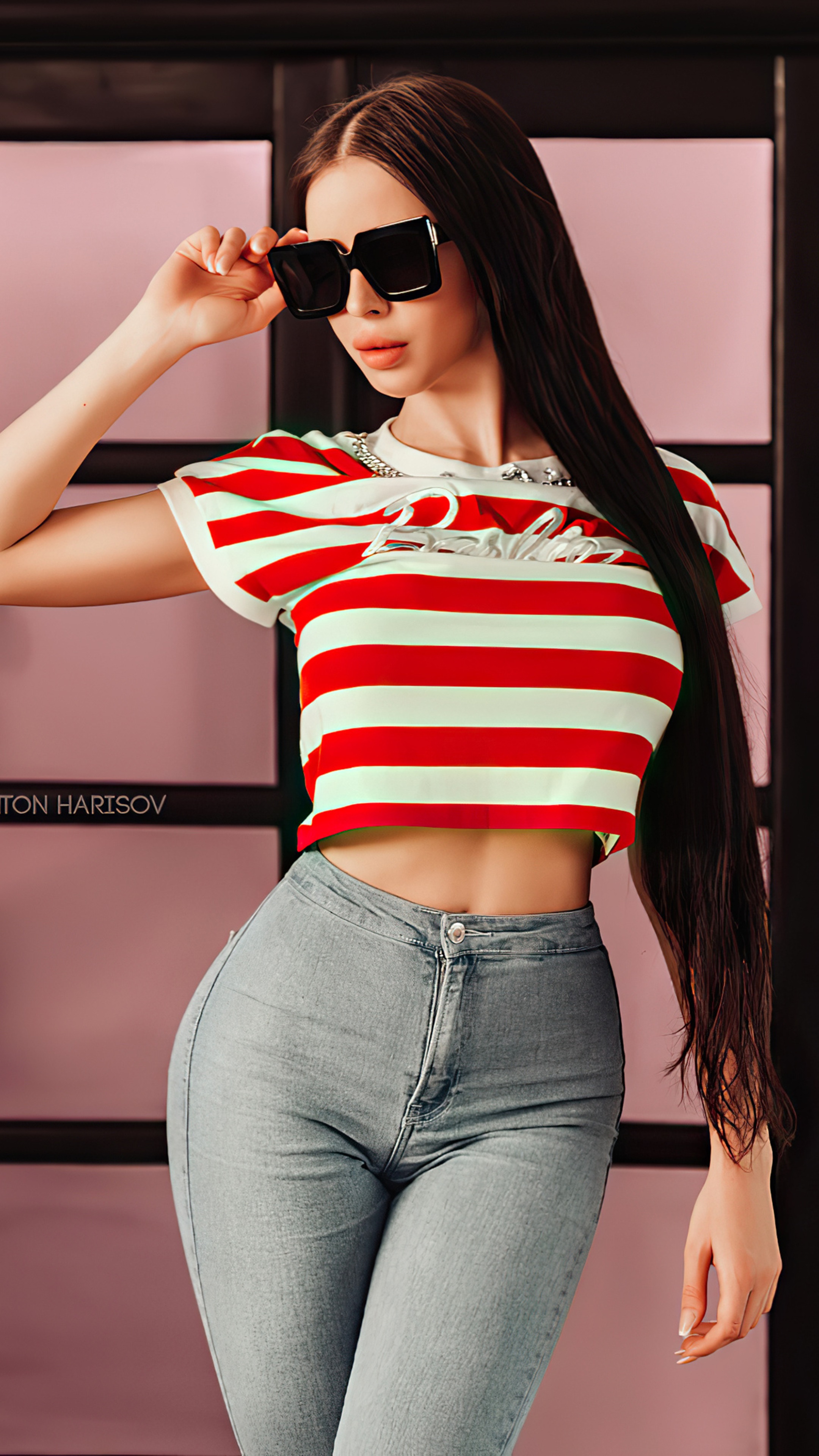 Model wearing sunglasses and striped crop top with jeans HD Phone Wallpaper