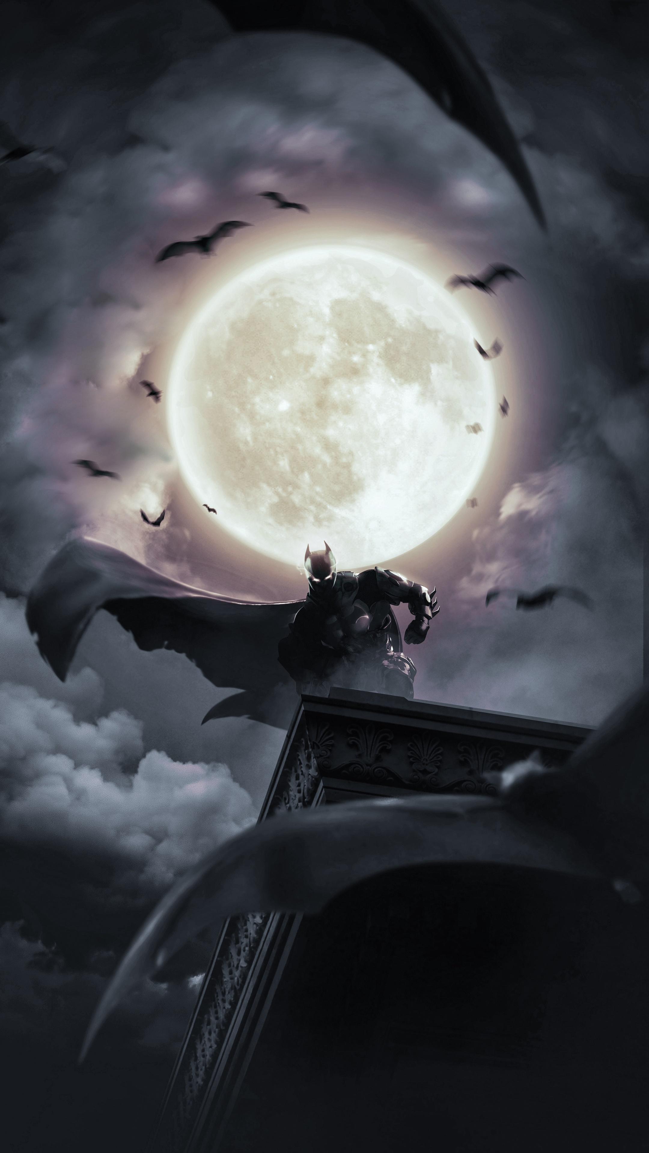 Batman on a rooftop with a full moon and bats HD Phone Wallpaper