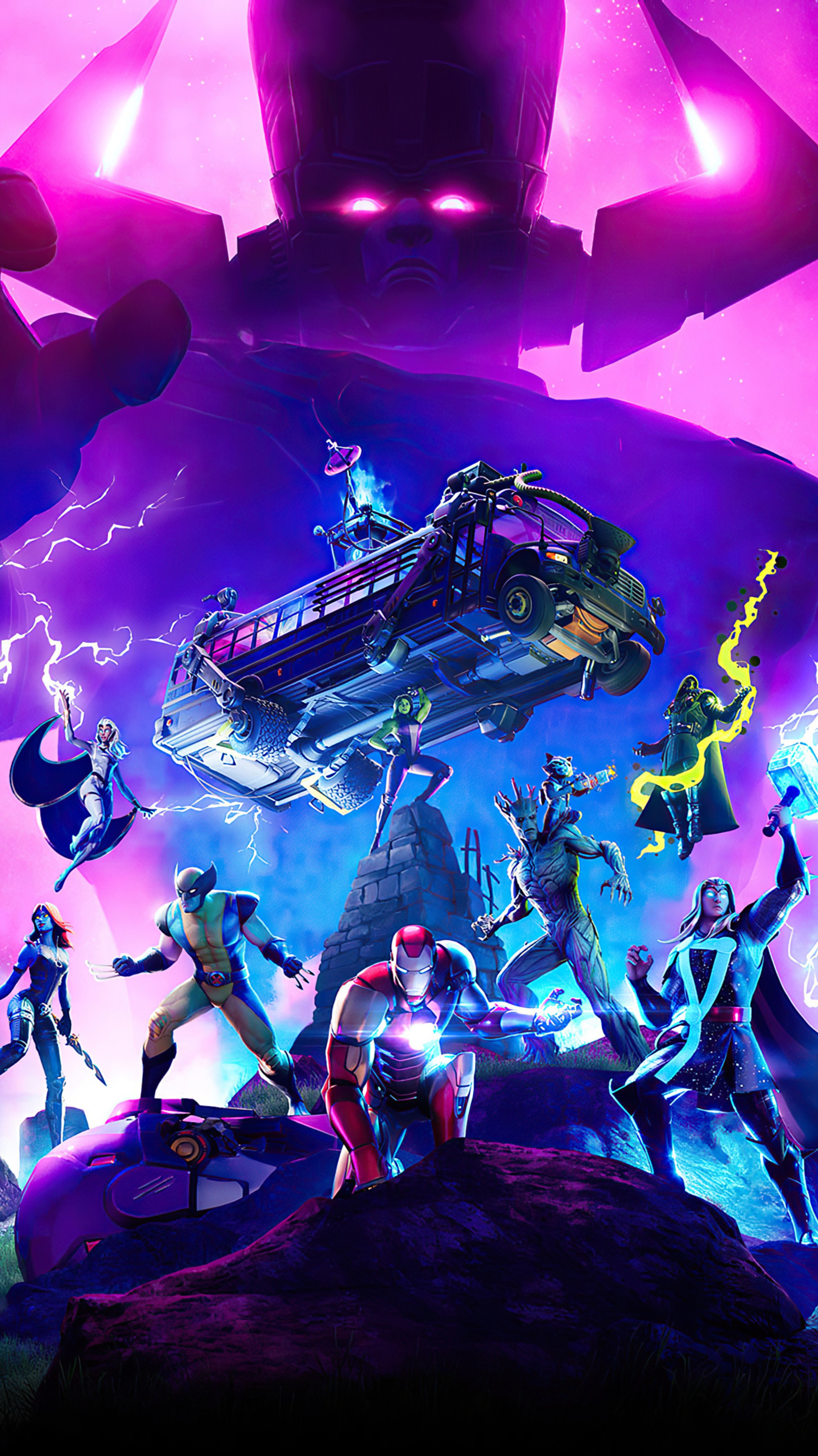 Fortnite Season 4 Marvel Characters and Galactus HD Phone Wallpaper