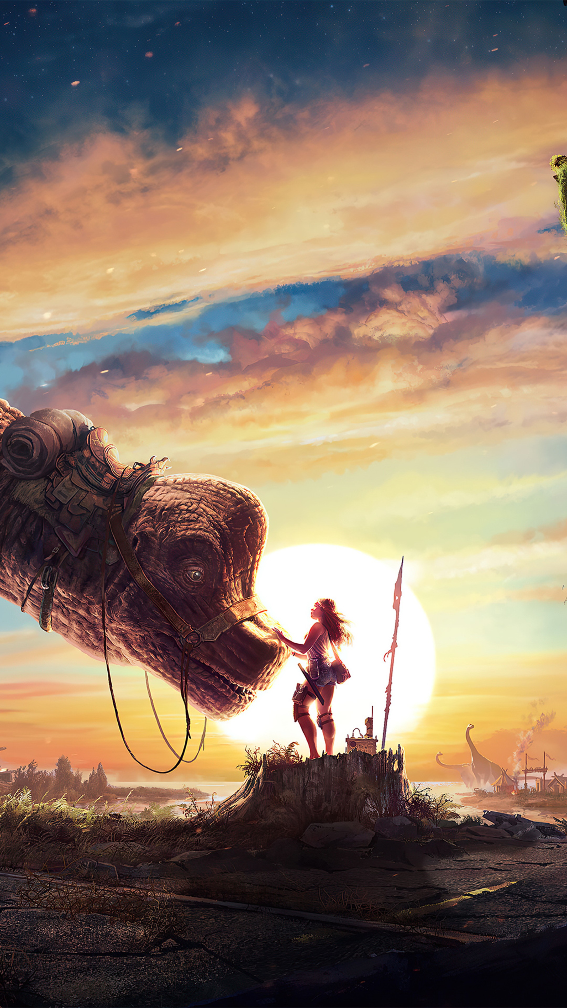 Artwork of a girl and a dinosaur at sunset HD Phone Wallpaper