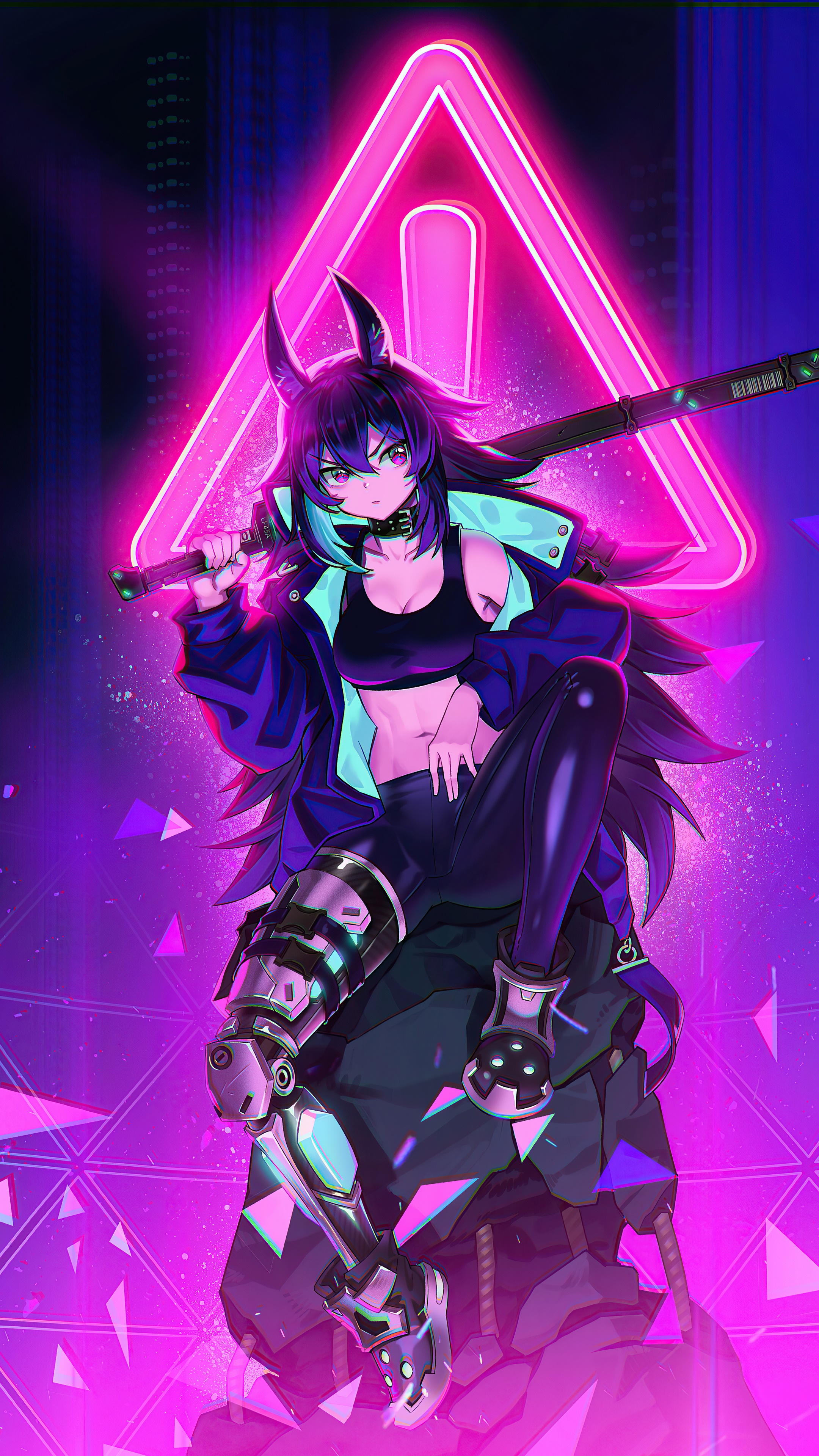Cyberpunk anime girl with bat and neon sign HD Phone Wallpaper