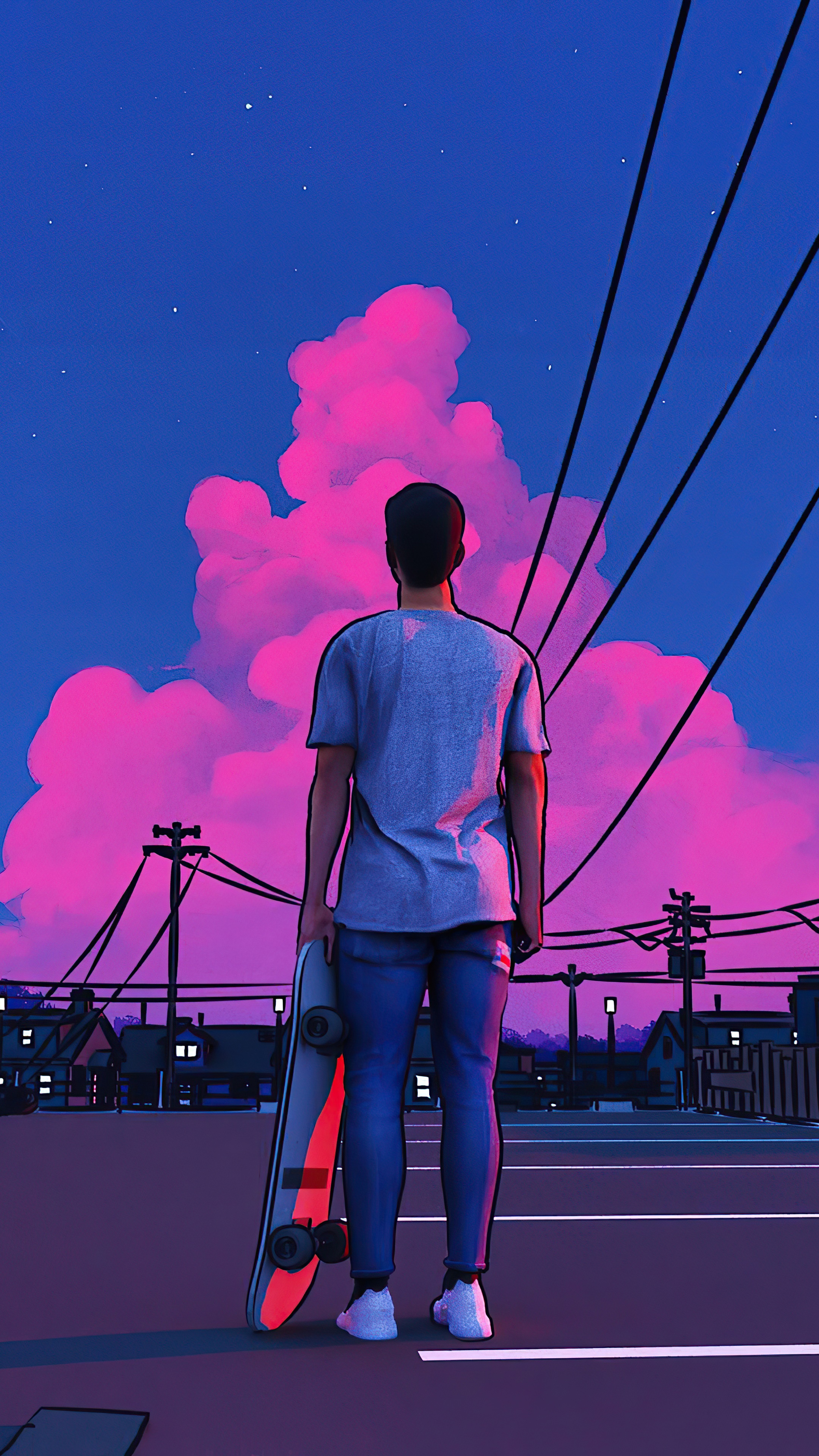 Artwork of a person with a skateboard at dusk HD Phone Wallpaper