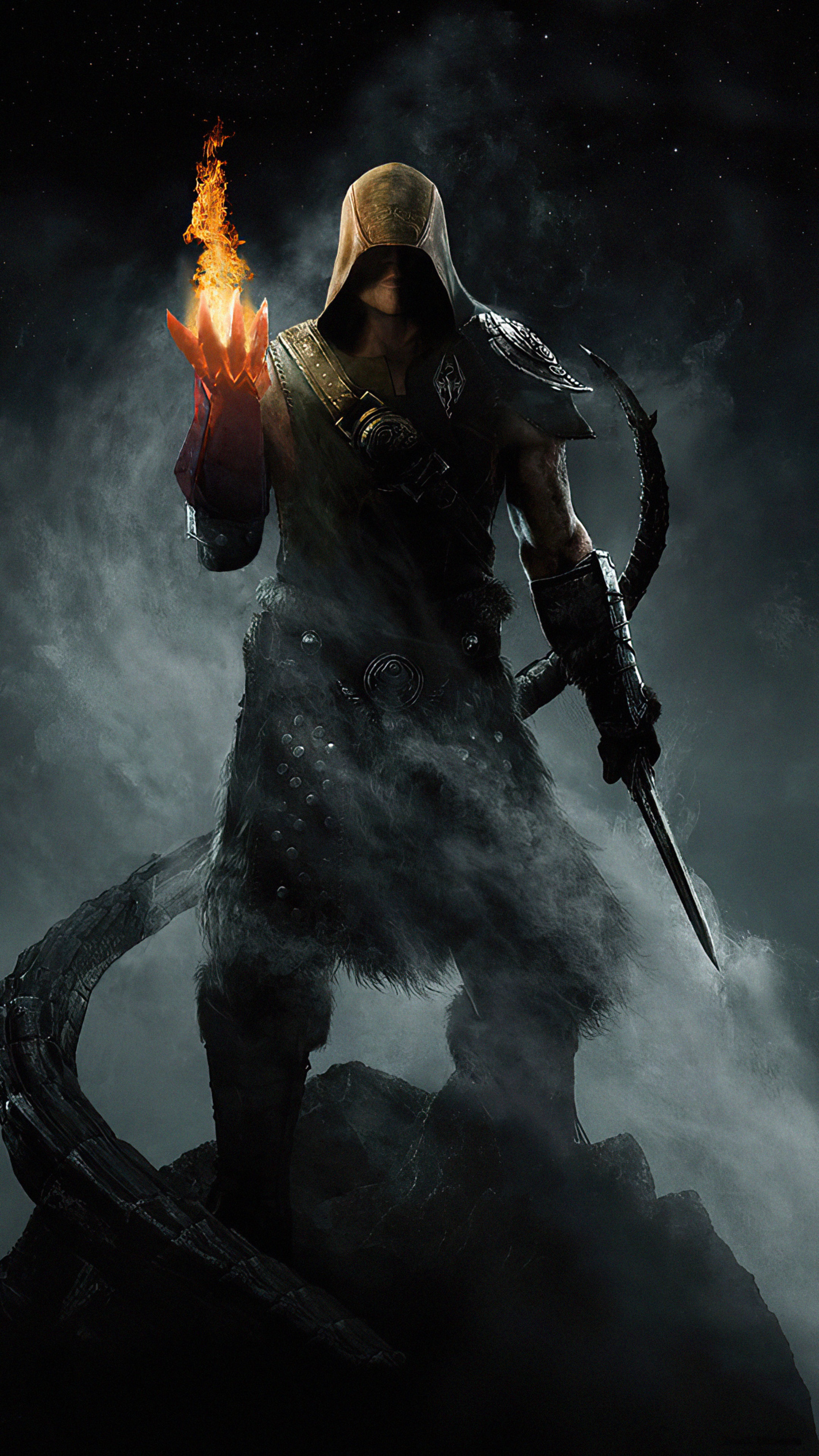 Dragonborn with fire magic from The Elder Scrolls V: Skyrim 4K HD Phone Wallpaper