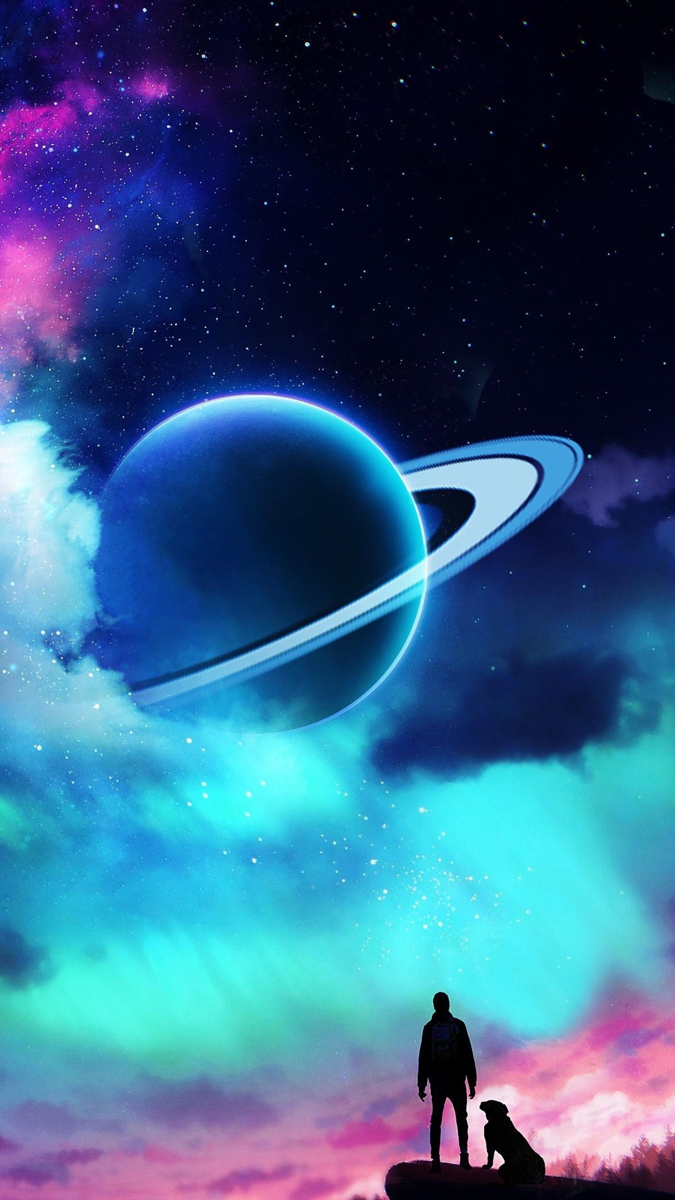 Man and dog looking at a ringed planet in space HD Phone Wallpaper