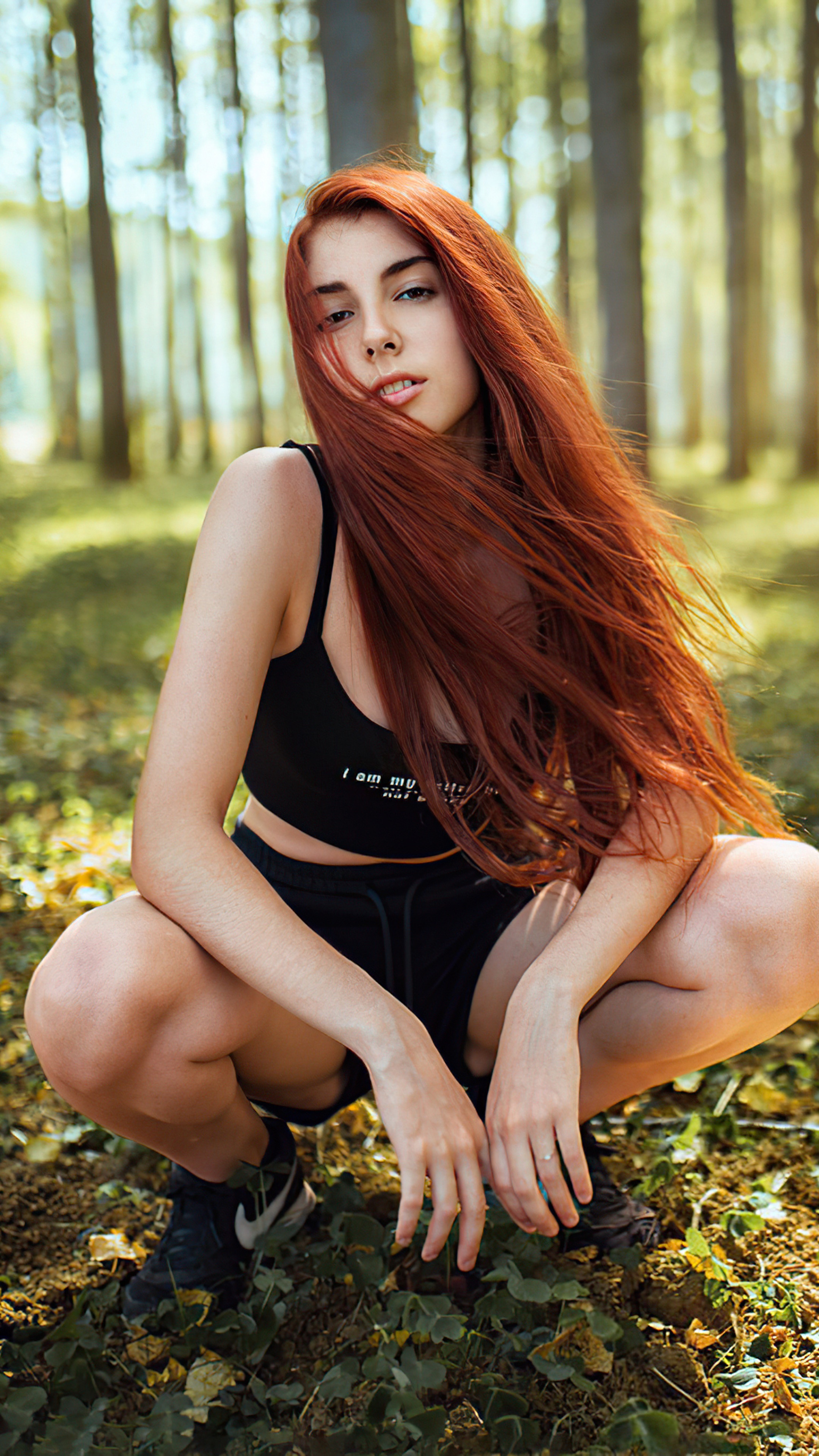 Redhead model posing in a forest, 4K HD Phone Wallpaper