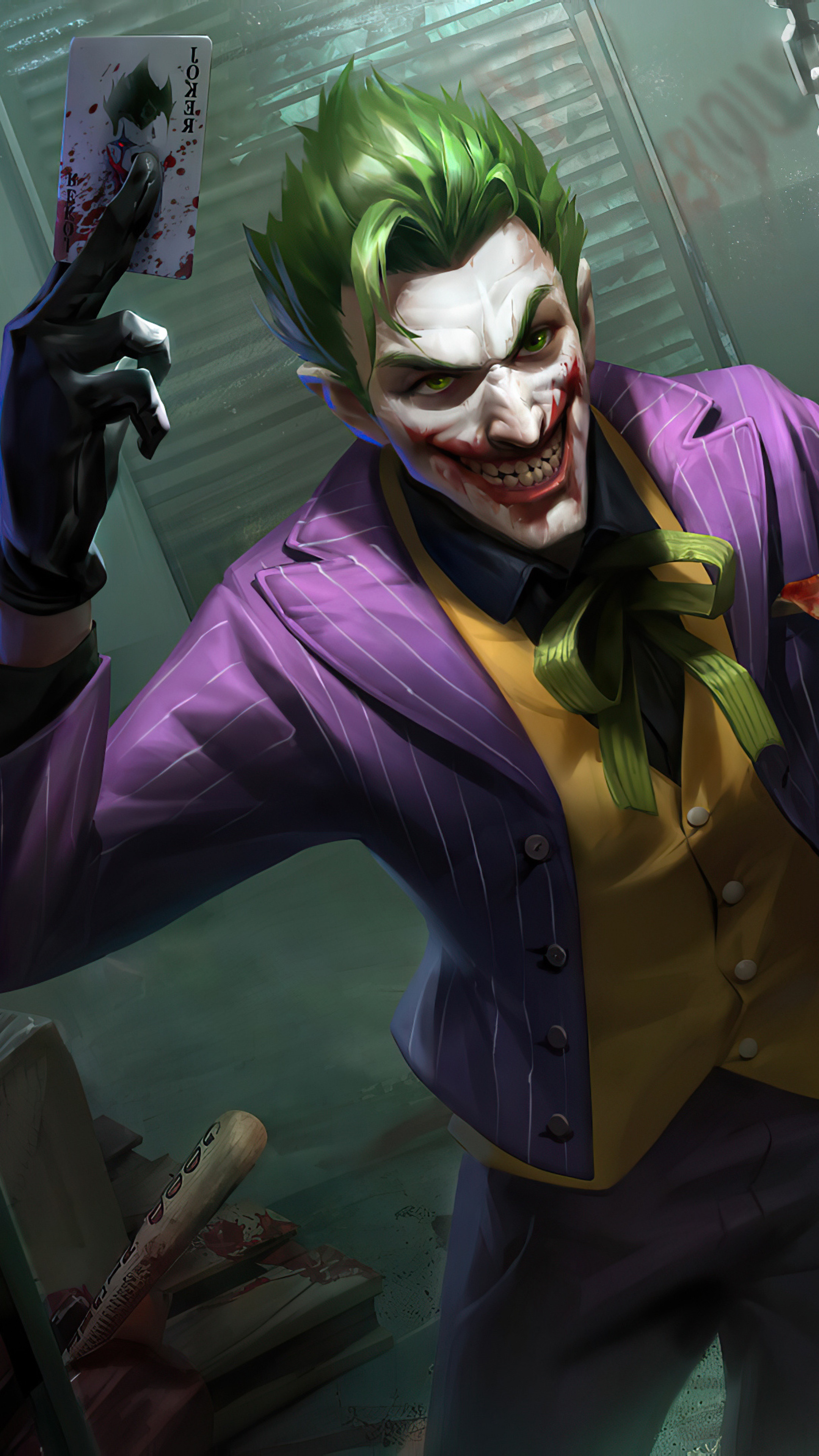 Joker holding a bloody Joker card HD Phone Wallpaper