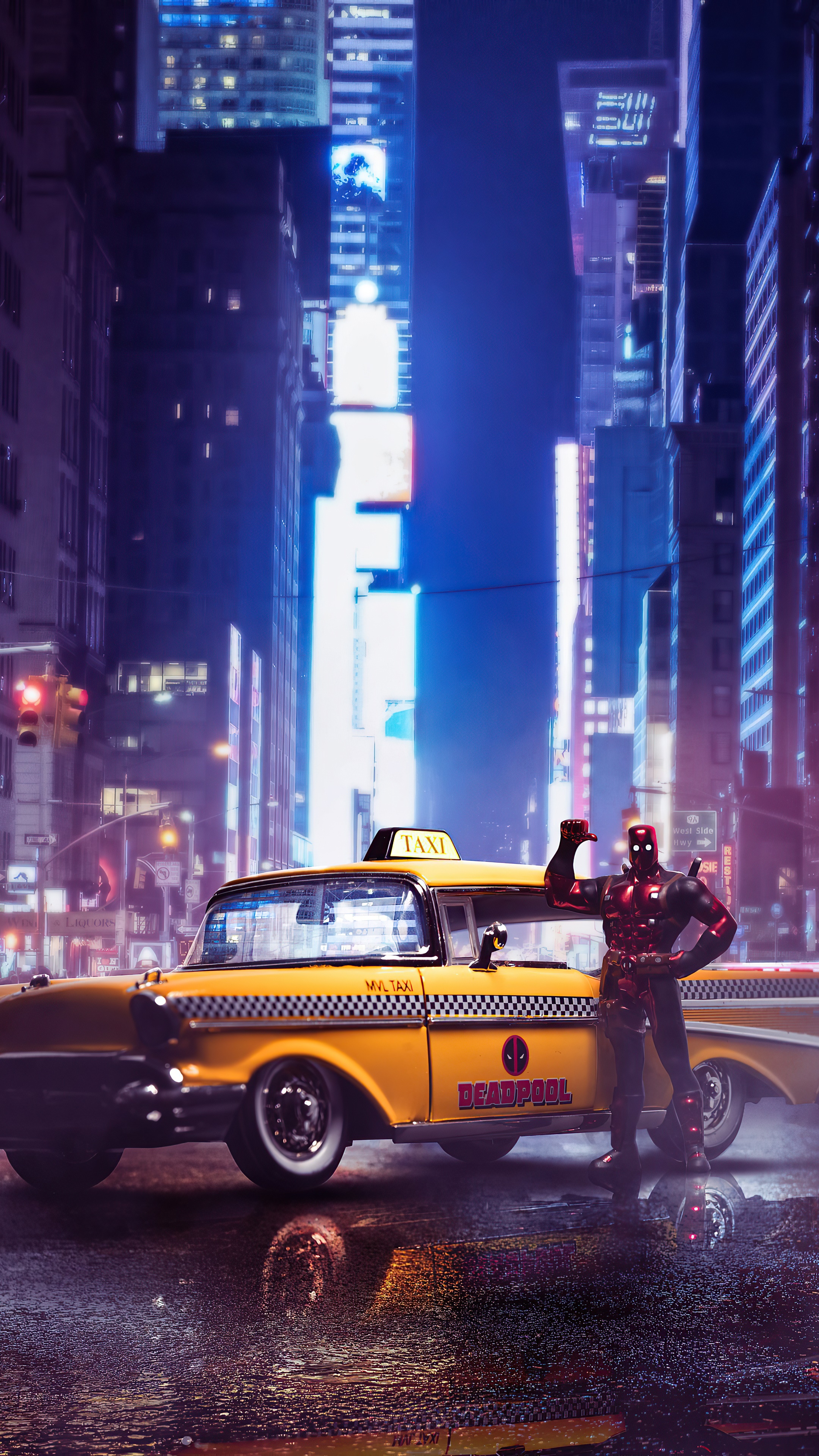 Deadpool with a yellow taxi in Times Square, 4K HD Phone Wallpaper