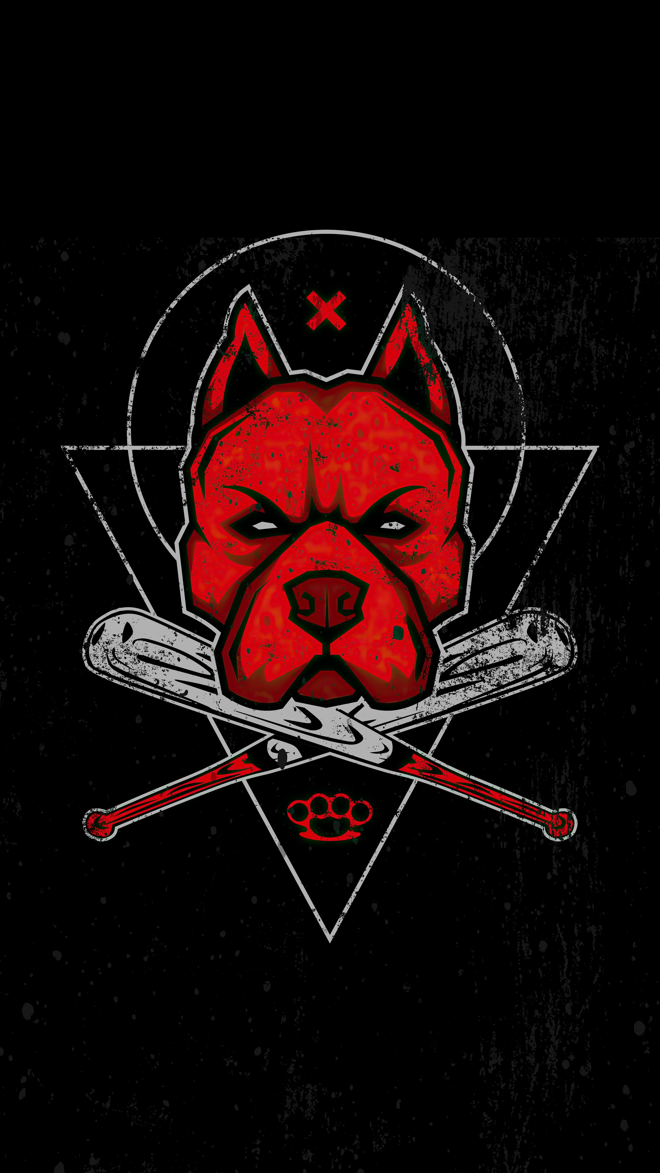 Minimalist Pitbull Dog Artwork with Baseball Bats and Brass Knuckles HD Phone Wallpaper