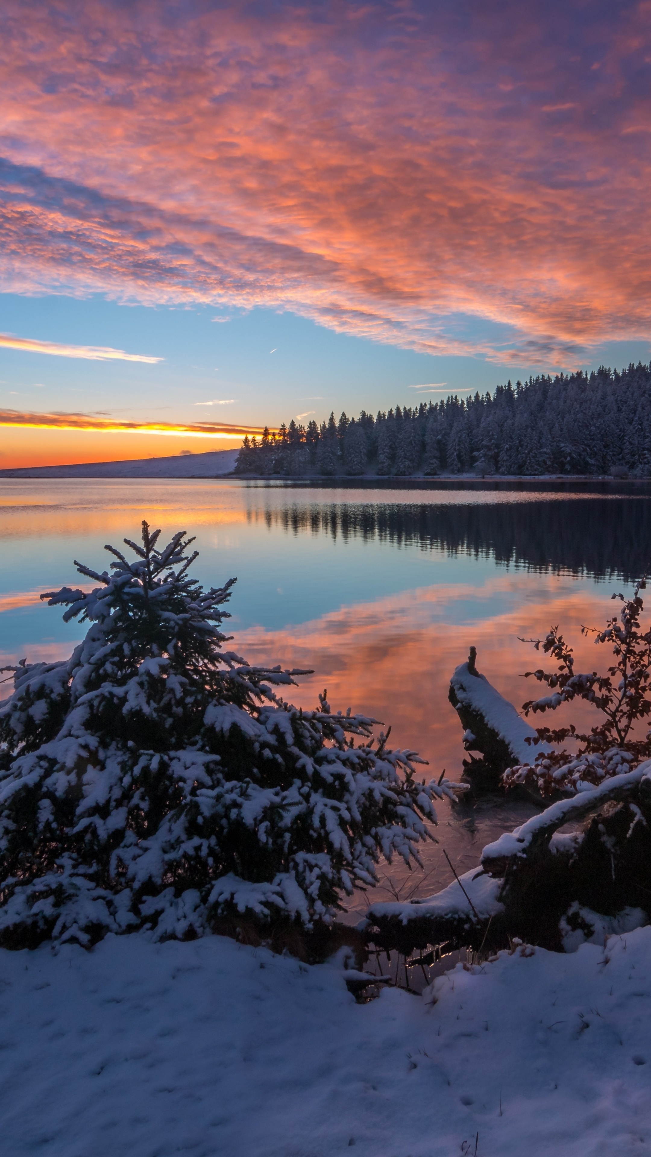 Snowy lake at sunset with colorful clouds HD Phone Wallpaper