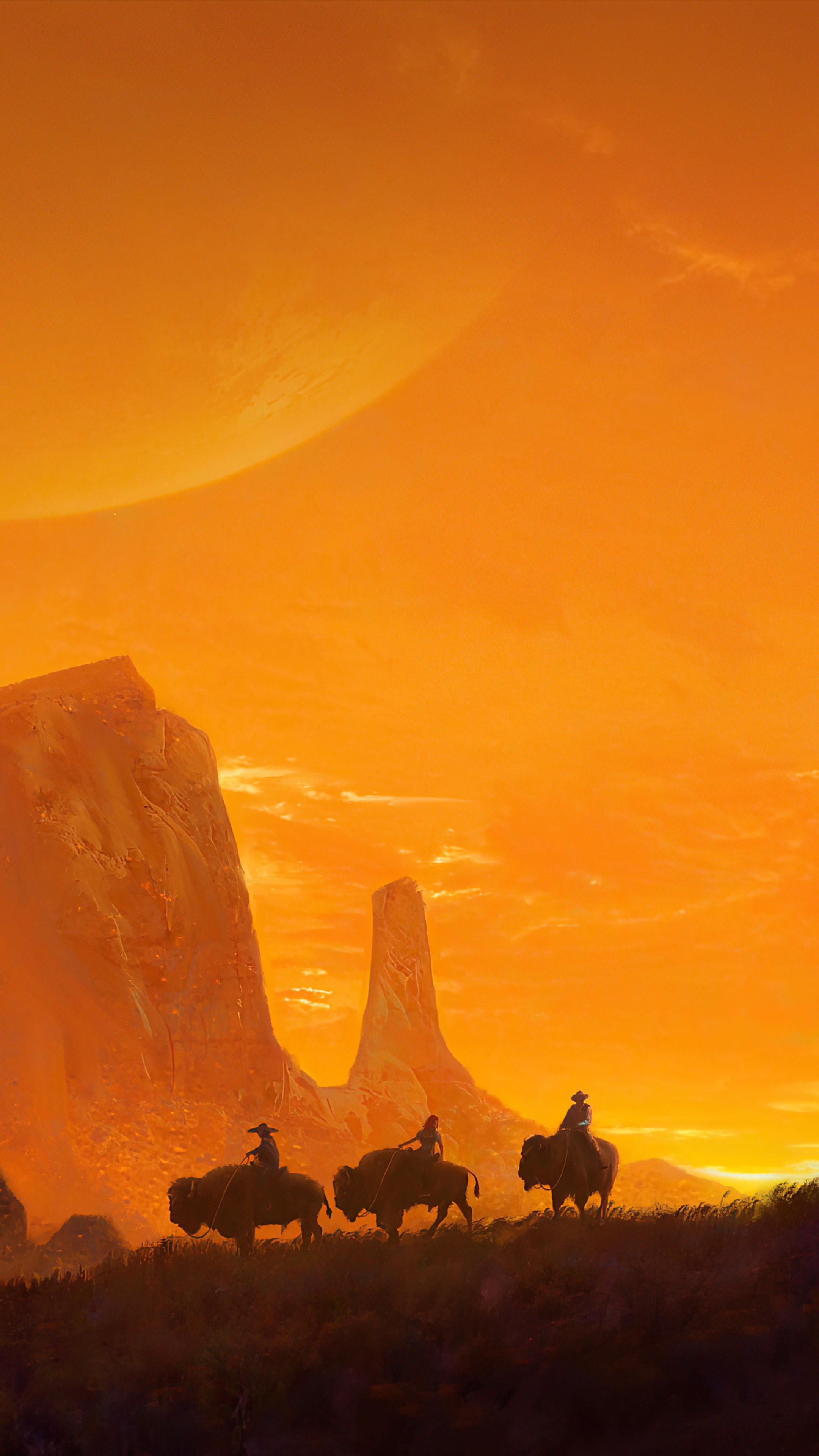 Cowboys riding bisons in a desert landscape HD Phone Wallpaper