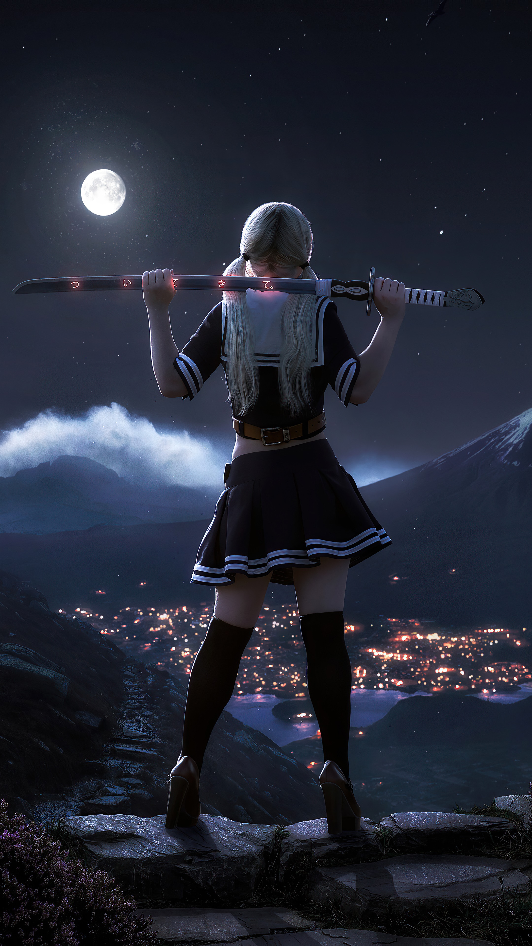 Girl with katana overlooking city at night HD Phone Wallpaper