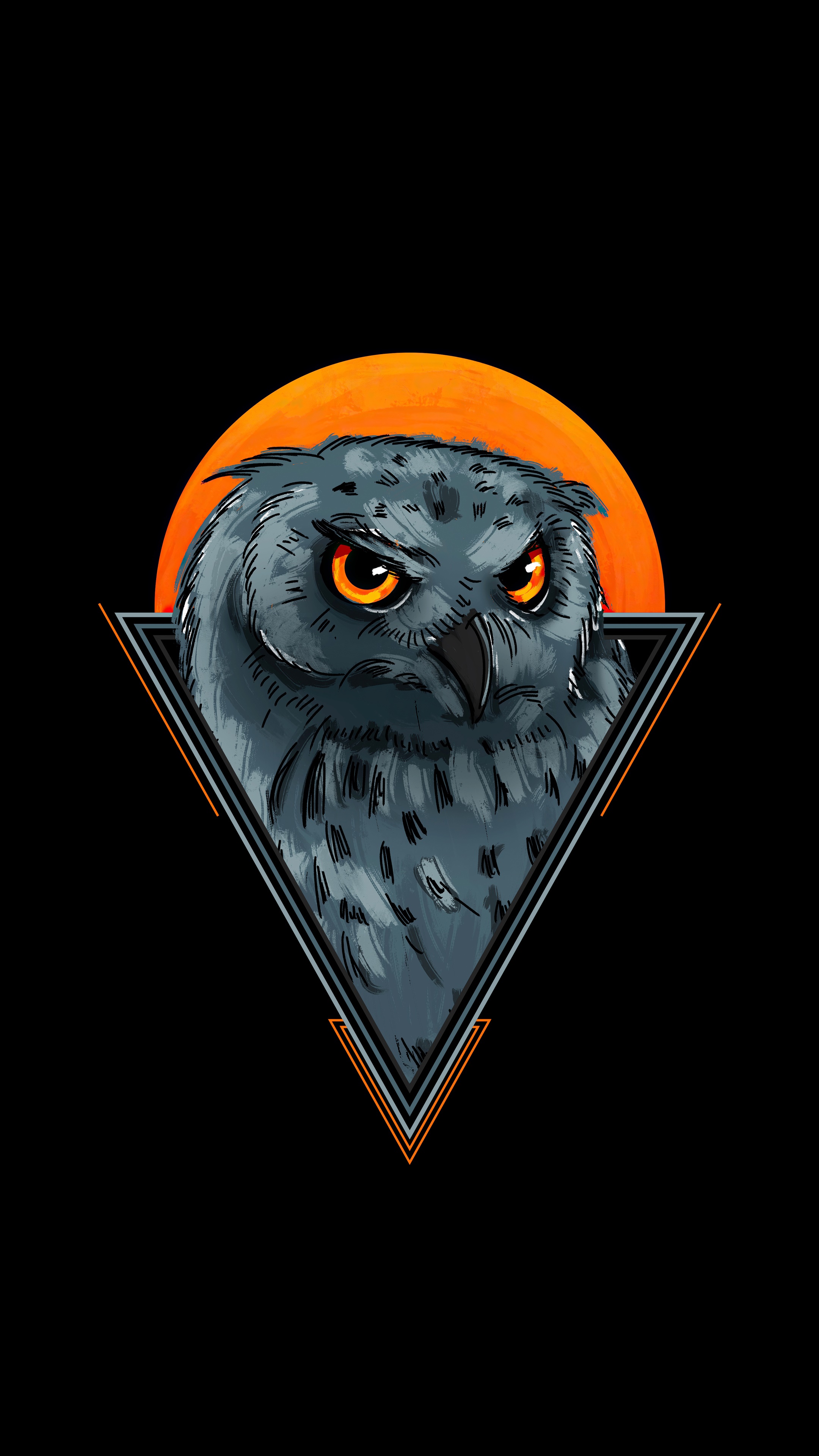 Minimalist owl artwork with orange sun and triangle HD Phone Wallpaper