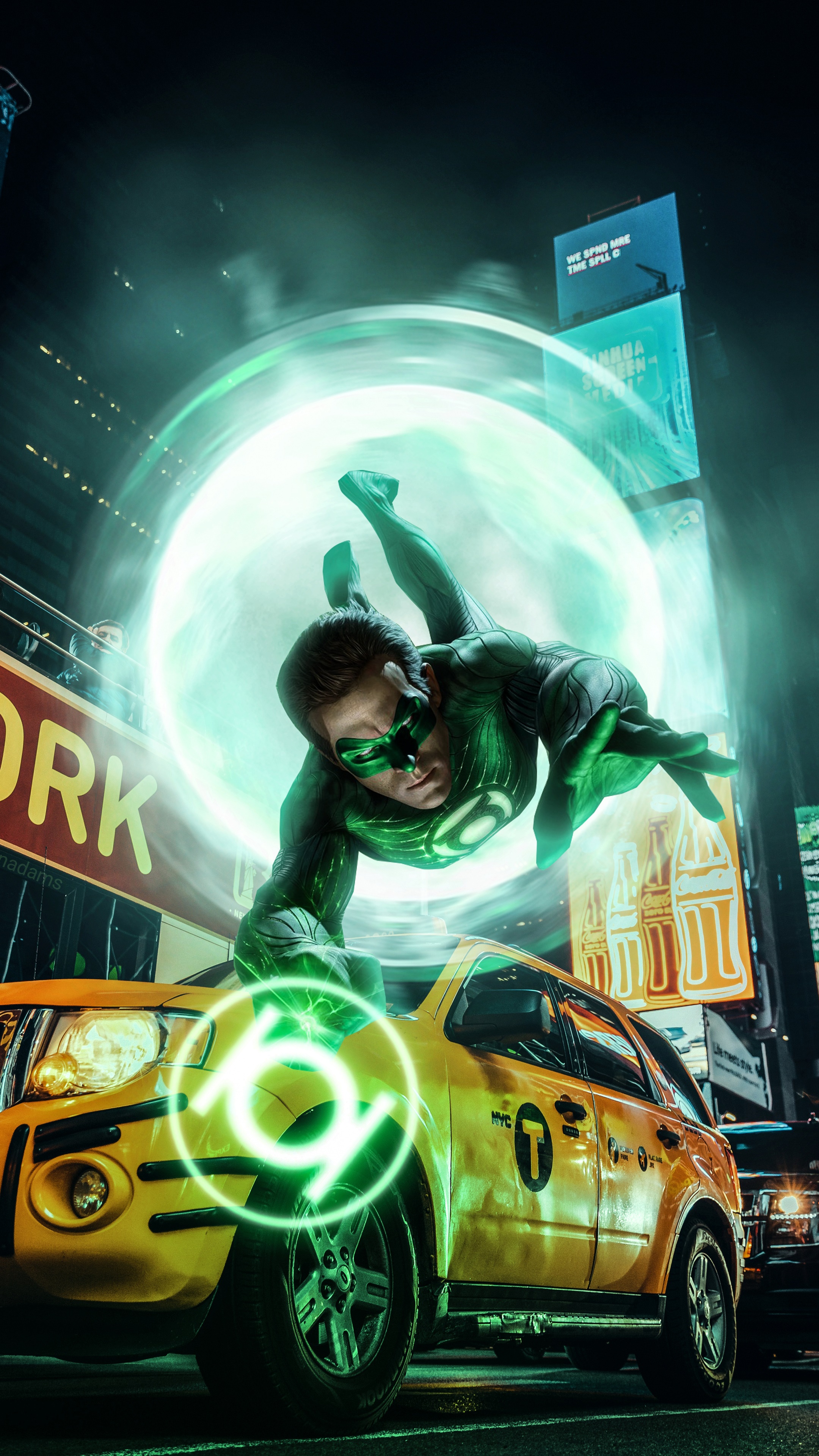 Green Lantern flying over a yellow taxi in Times Square HD Phone Wallpaper