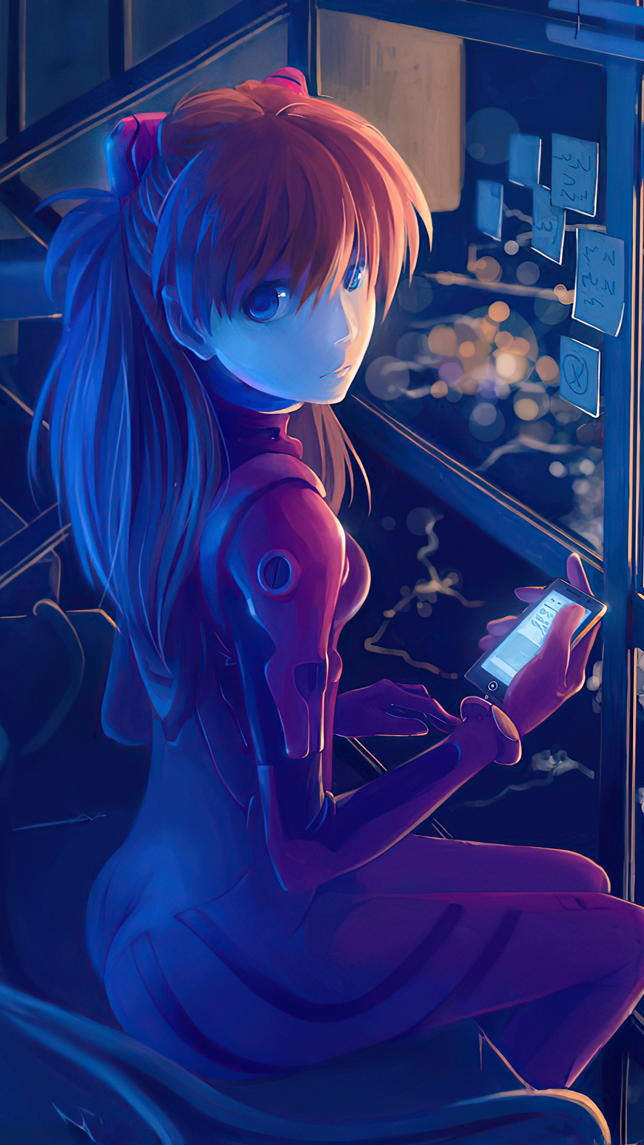 Asuka Langley Soryu from Neon Genesis Evangelion using a smartphone HD Phone Wallpaper