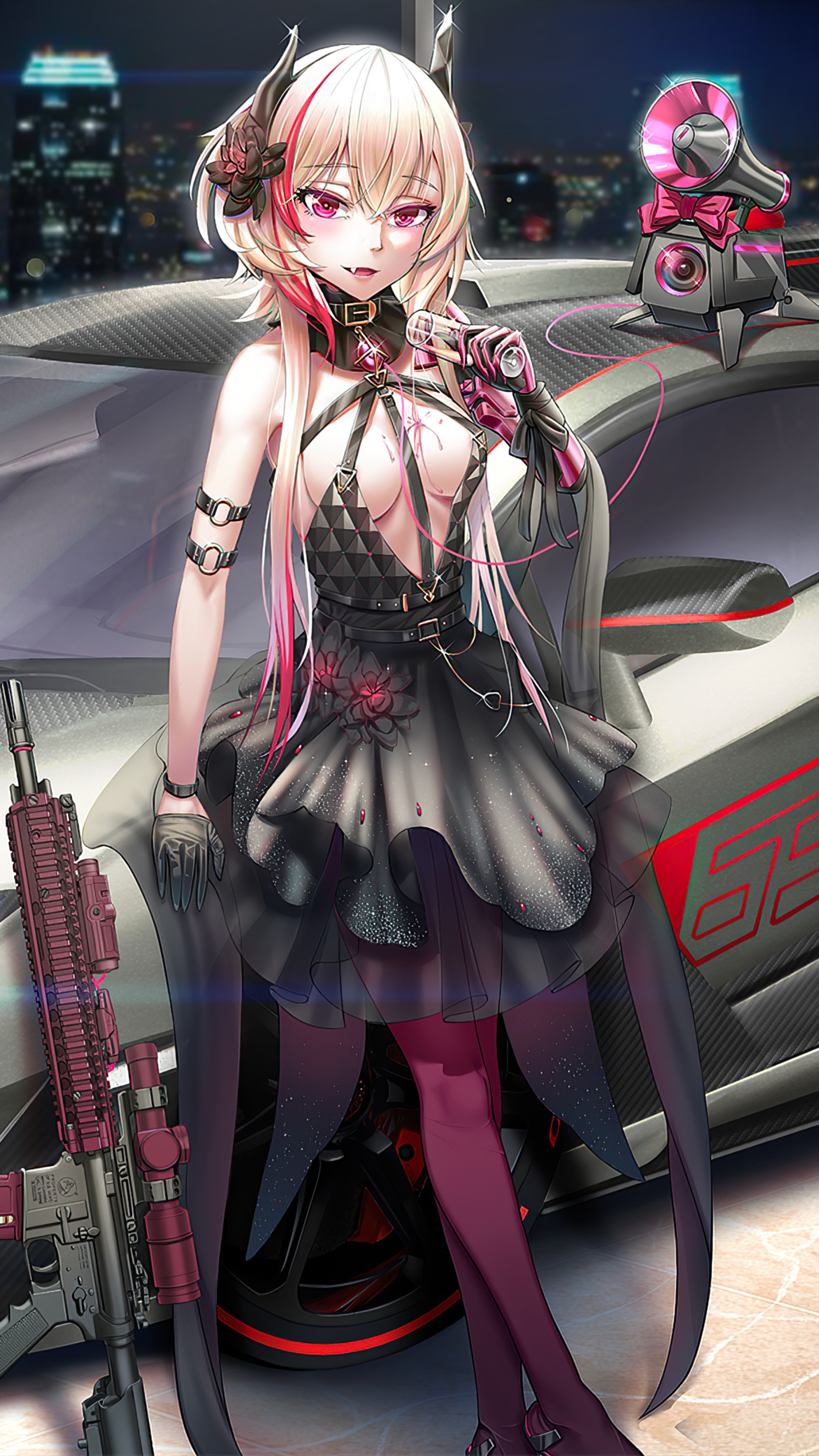 Anime girl with rifle and car HD Phone Wallpaper