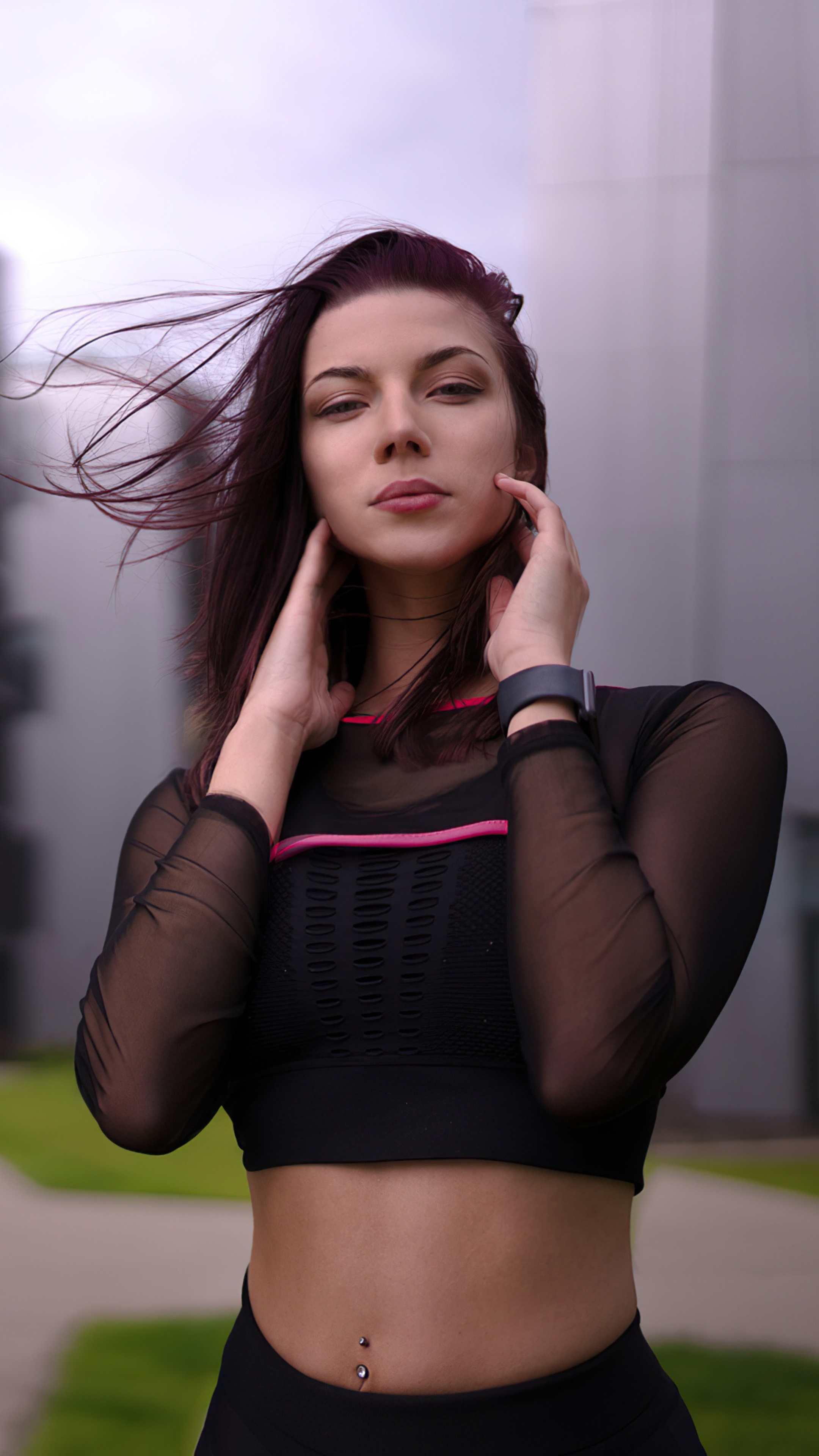 Woman with purple hair wearing a black mesh top HD Phone Wallpaper