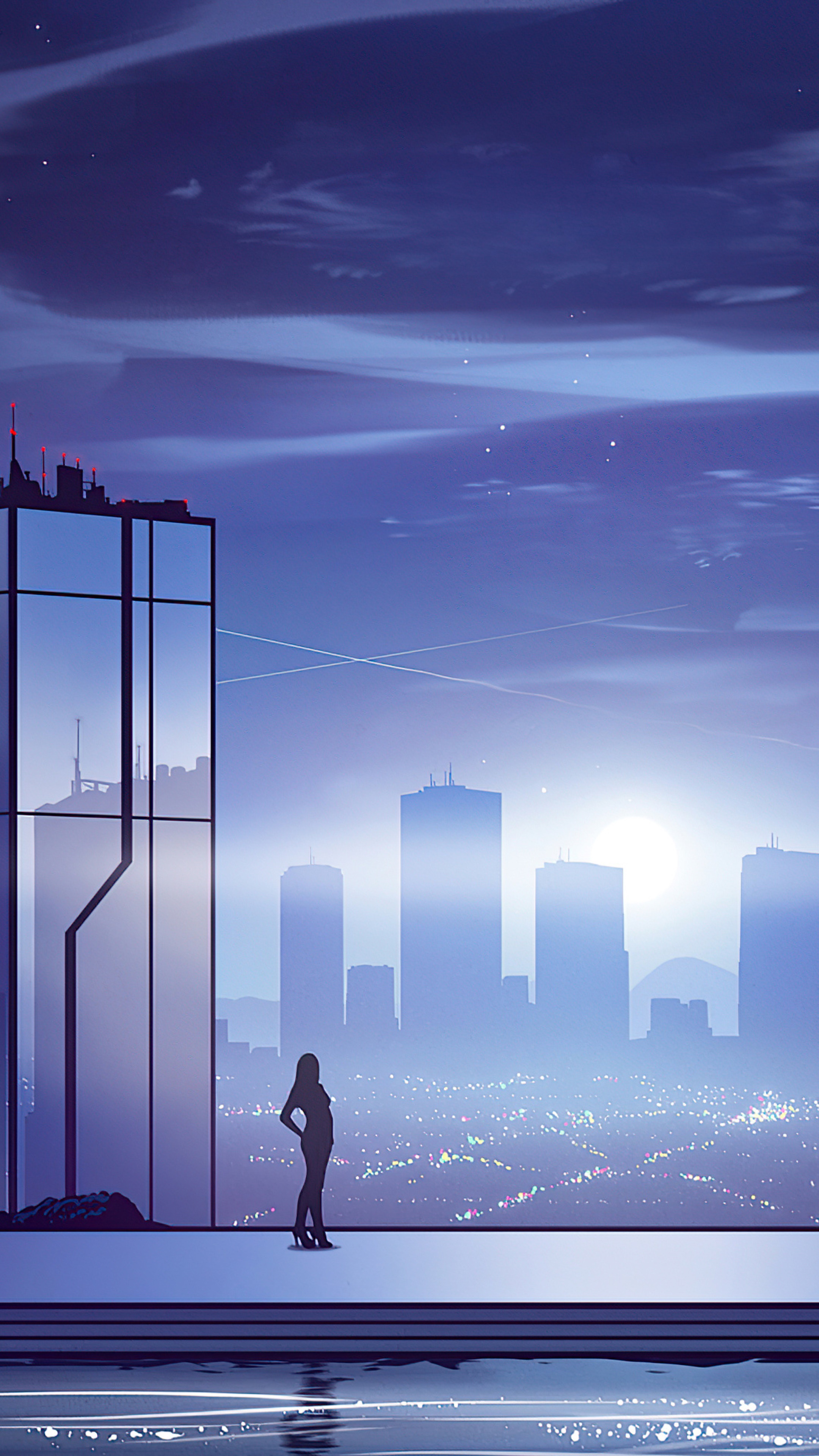 Woman overlooking a city skyline at night HD Phone Wallpaper