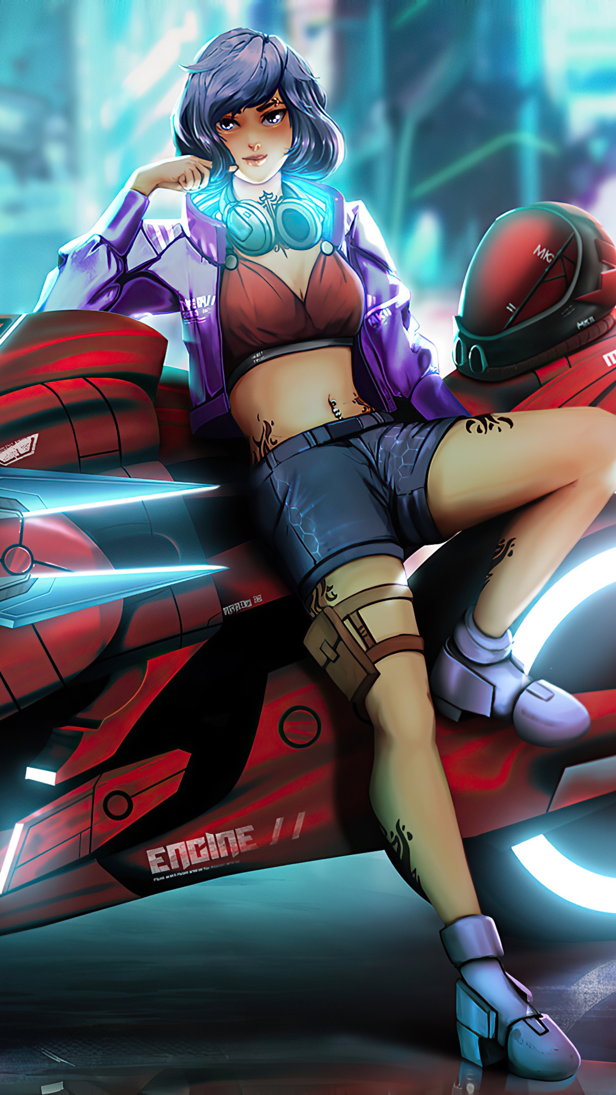 Girl with headphones on a futuristic bike HD Phone Wallpaper