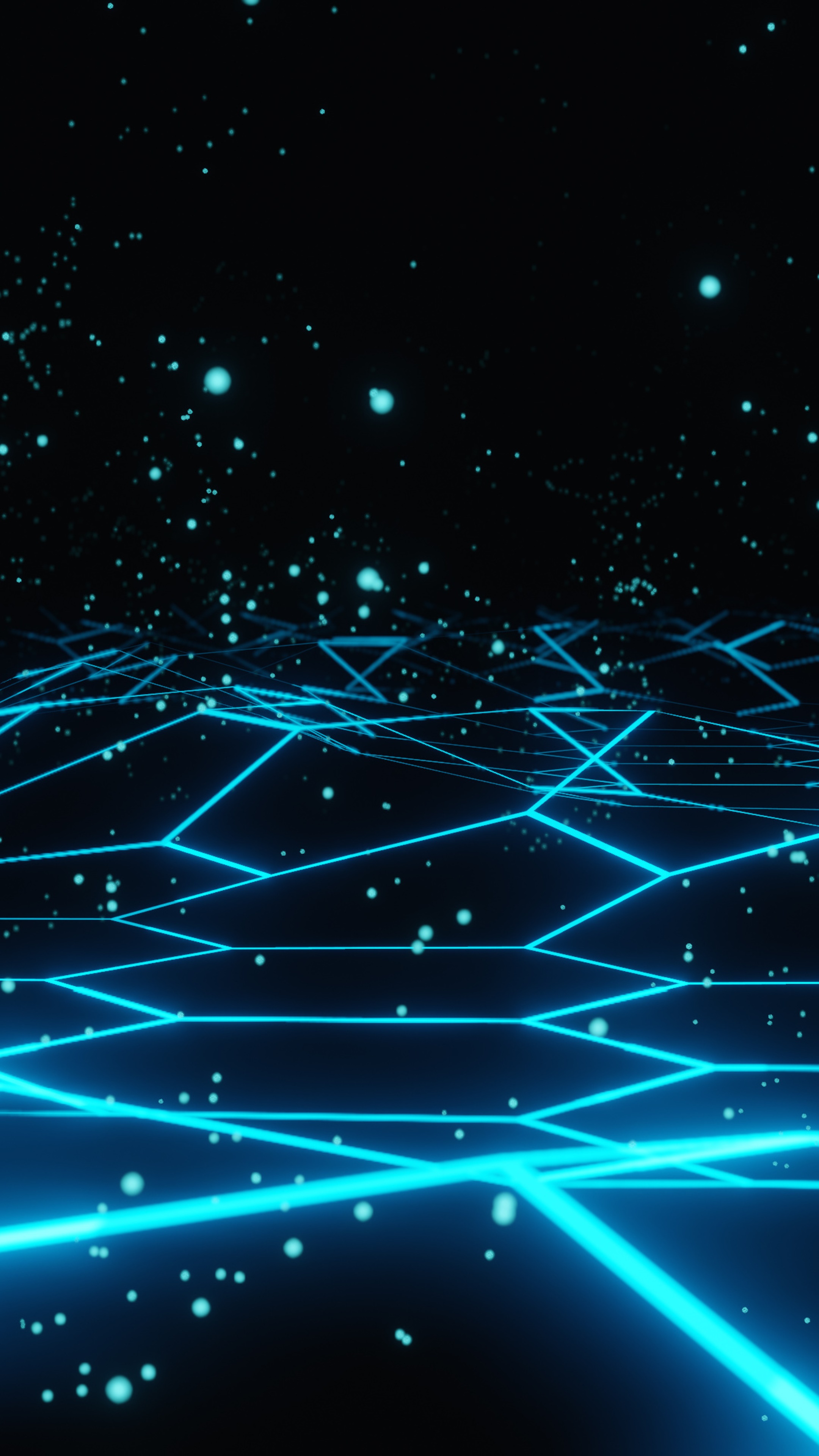 Abstract digital art with blue neon grid and particles HD Phone Wallpaper
