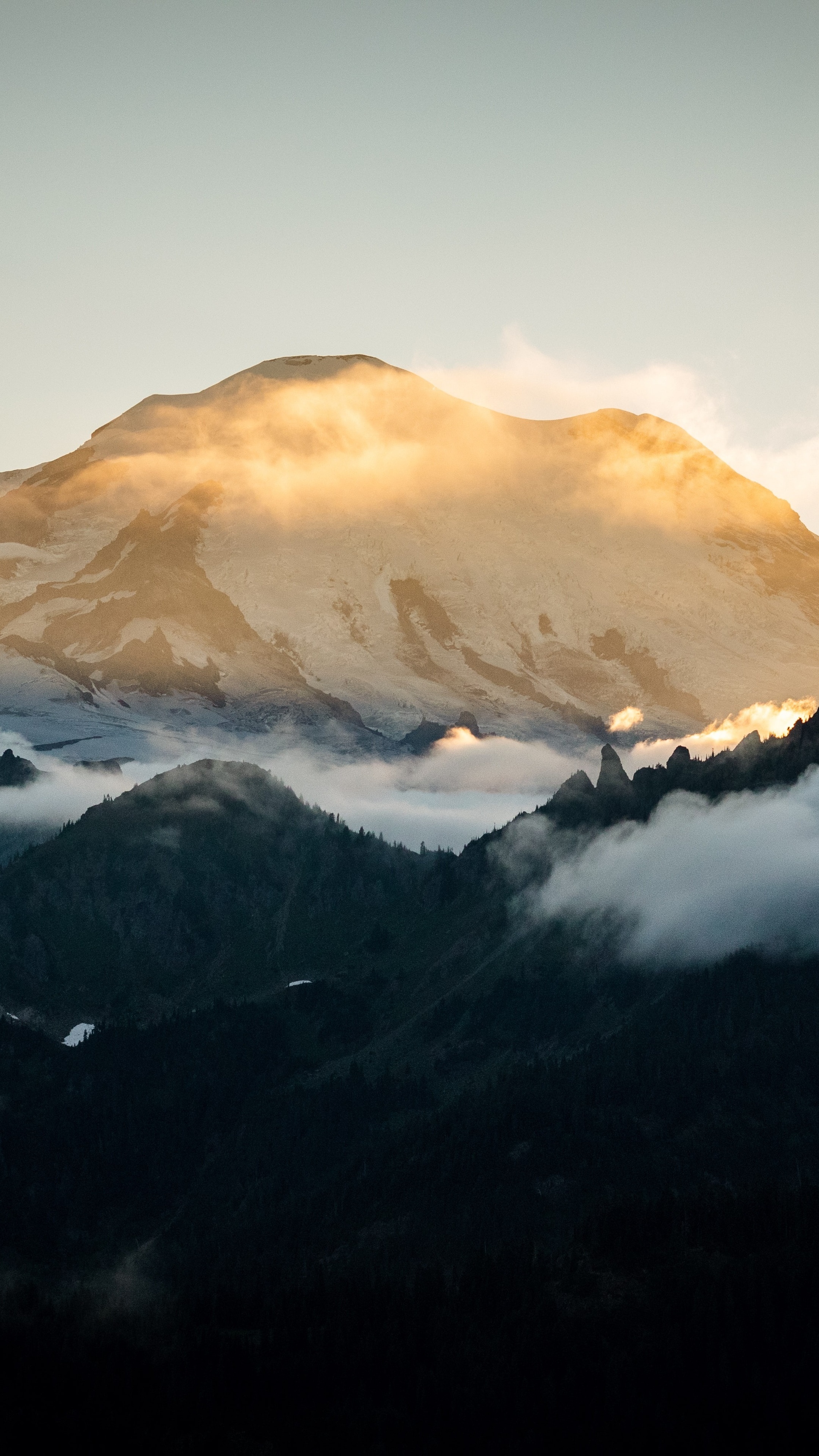 Golden Hour Sunset Over Snowy Mountains and Foggy Forest HD Phone Wallpaper